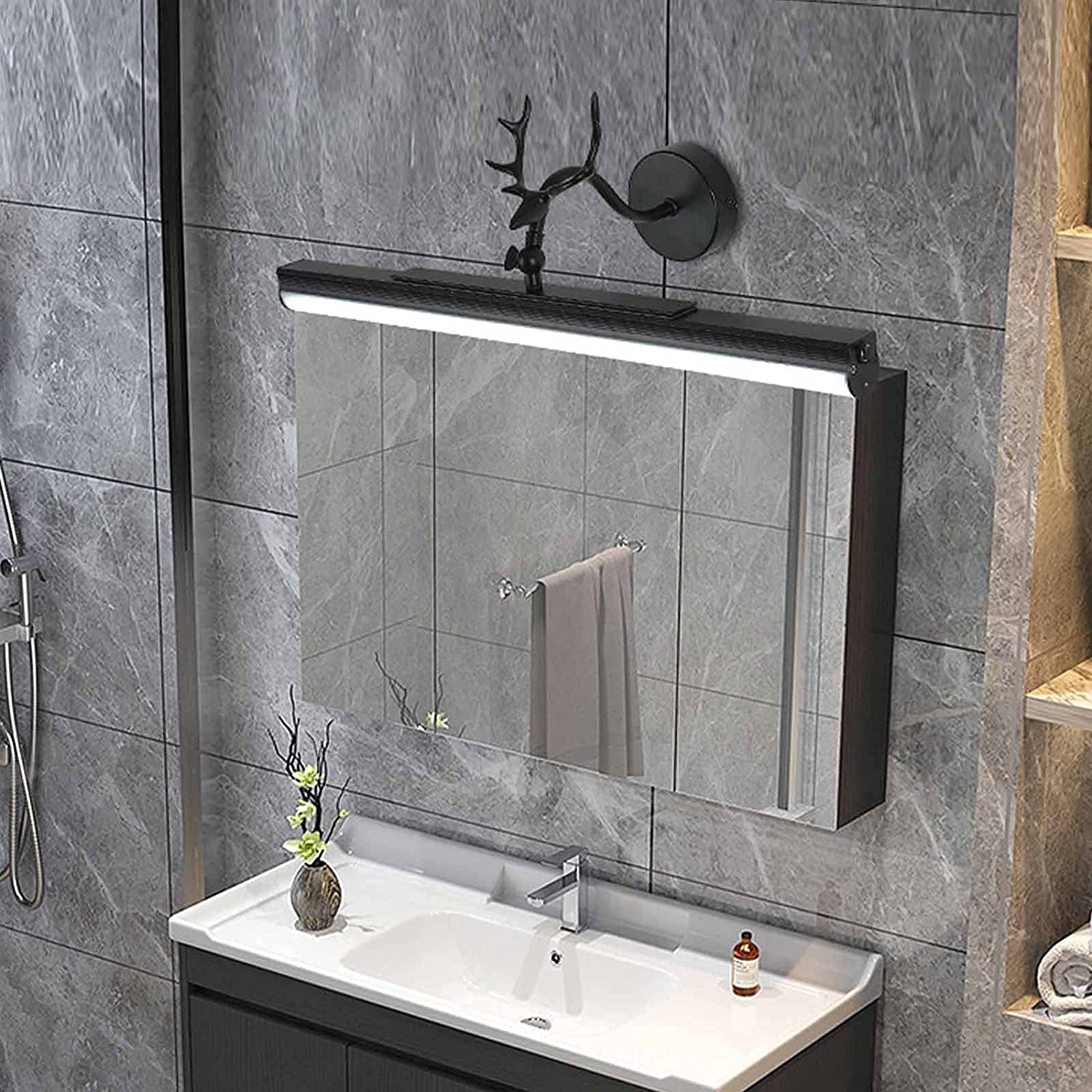 Vintage Badezimmer-Spiegelleuchte mit Fernbedienung, LED-Spiegelschrank-Licht, wiederaufladbar, Retro-Geweih, Wandleuchte mit Schalter, drehbar, wasserdicht, Fledermaus, 45 cm, 12 W