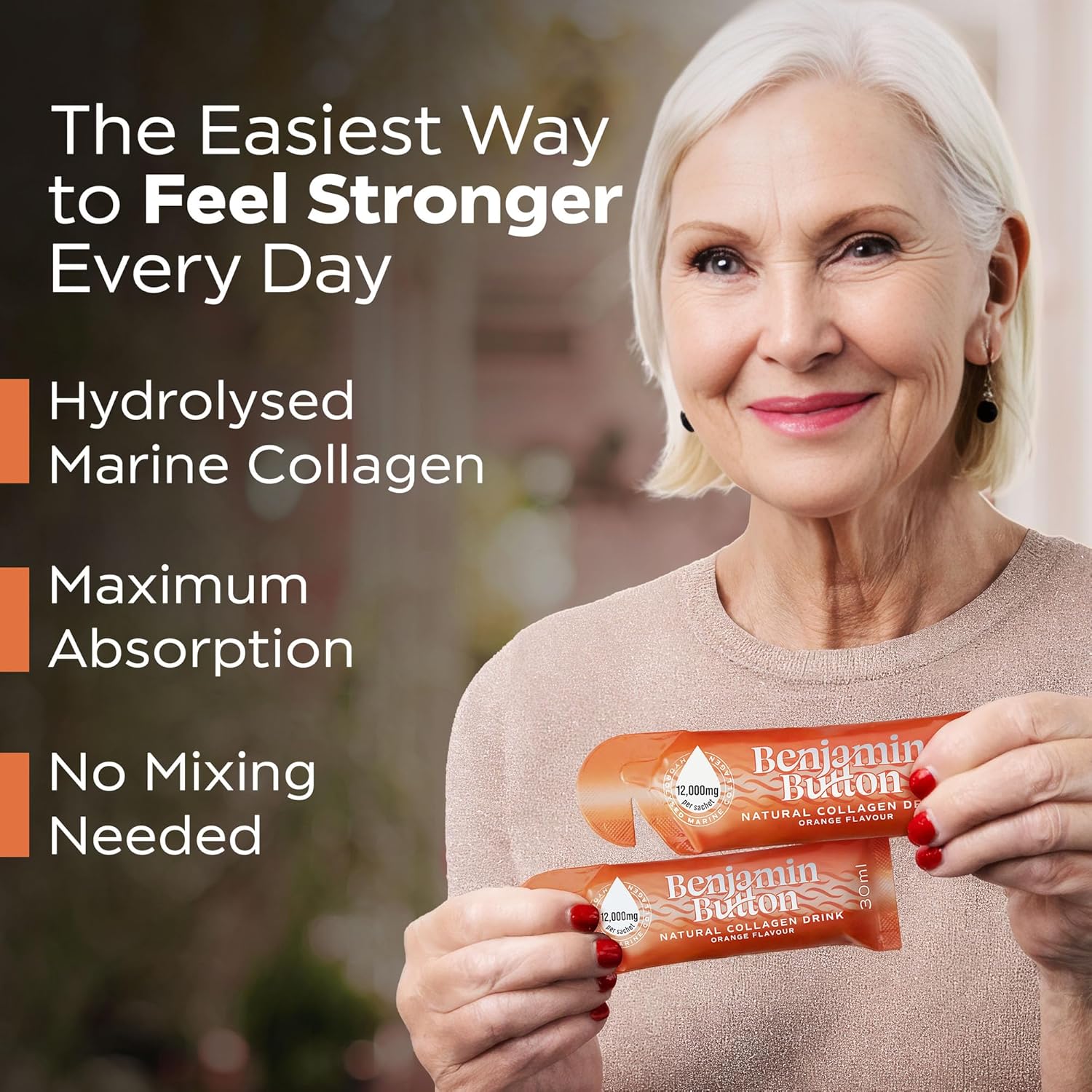 Benjamin Button 12,000mg Marine Collagen Liquid Shots| High Strength Hydrolyzed Marine Collagen Peptides w/Hyaluronic Acid & Vitamin C for Skin, Hair & Joints | Orange, 14 Daily Servings 30ml