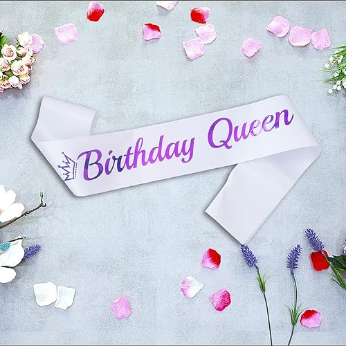 Miniatura 3 de Banda de cumpleaños Queen blanca, banda de cumpleaños de papel de aluminio morado para mujer, divertidas decoraciones de fiesta de cumpleaños, ideas