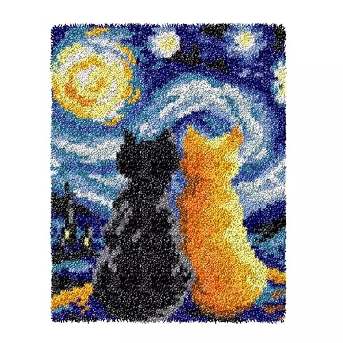 GLAECYY Latch Hook Kits Rug Crochet Yarn Kit Cushion with Starry Night Cat Colour Pre-Printed Canvas Rug Needlework DIY Hook and Latch Kit Christmas Home Decoration20.5''X15''(cat) - Star Cat