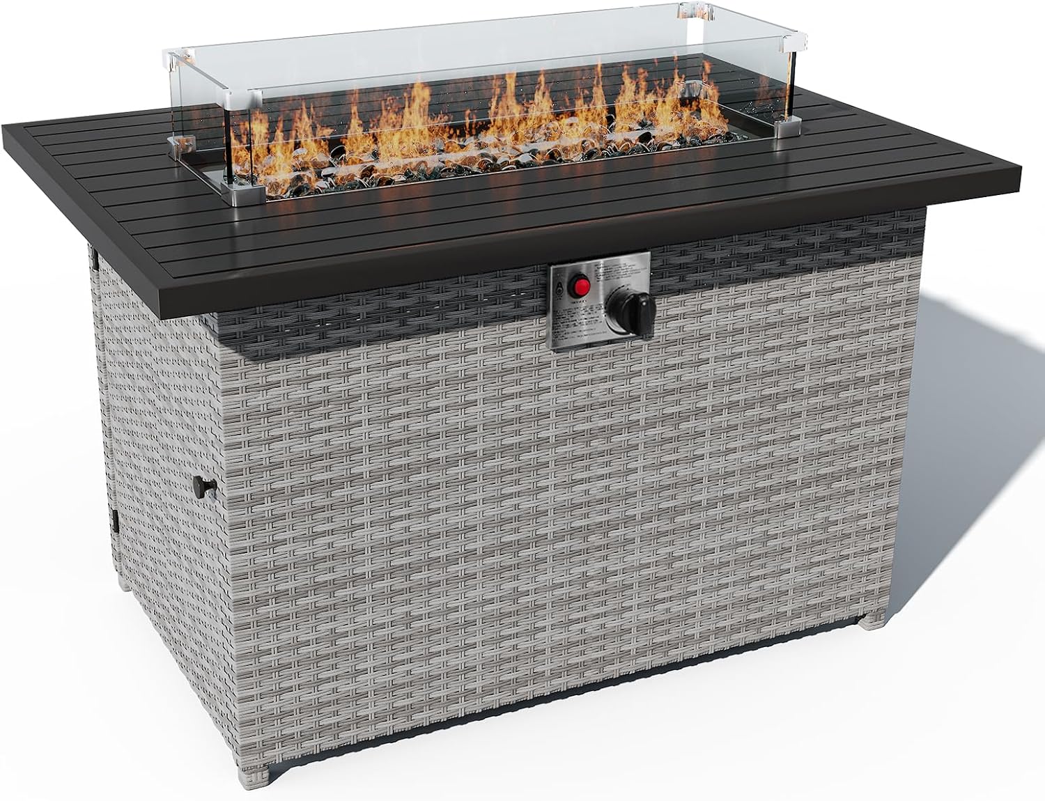 EAGLE PEAK 42'' Rectangular Propane Gas Fire Pit Table with Glass Beads， Wind Guard & Cover Storage, 50,000 BTU Outdoor Firepit Tabletop with Lid and Tank Compartment, Gray PE Rattan