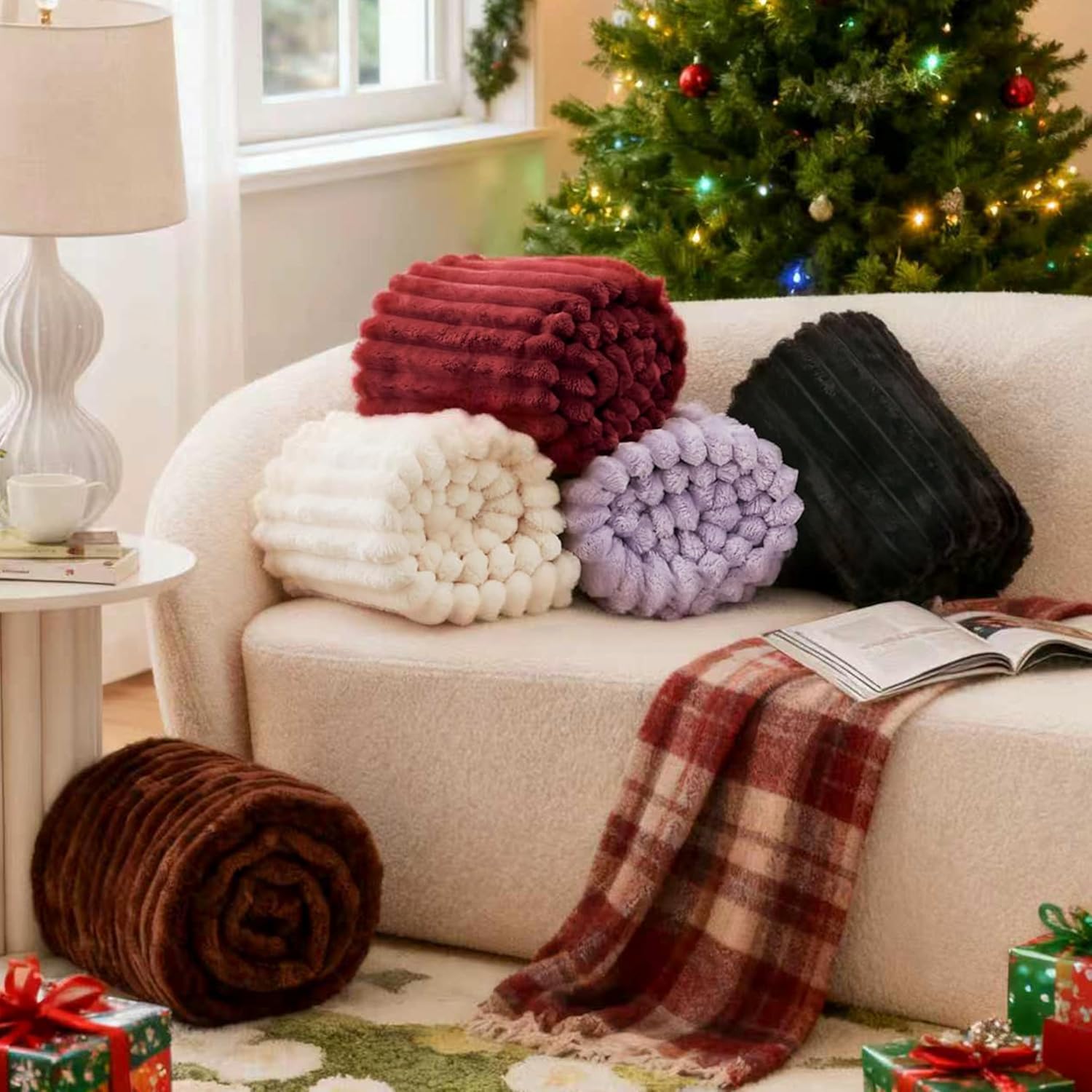 EXQ Home Fleece Throw Blanket for Couch or Bed - 3D Stripe Jacquard Decorative Blankets - Cozy Soft Lightweight Fuzzy Flannel Blanket Suitable for All Seasons(50"×60",Brown) - Image 7