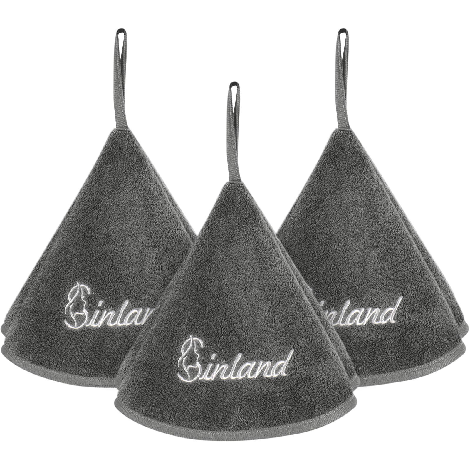 SINLAND Microfiber Hanging Hand Towels Soft and Absorbent Round Hand Towels with Hanging Loop Hangable in Kitchen and Bathroom 3 Pack Grey