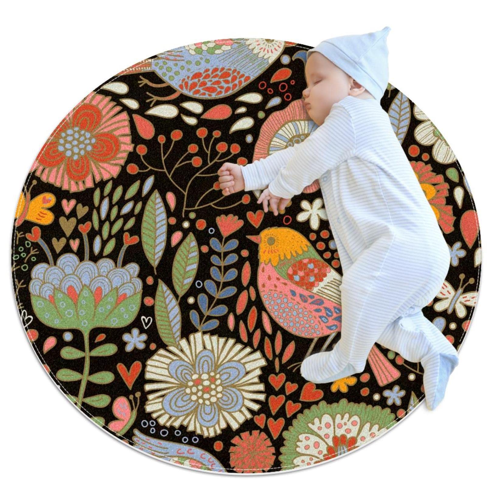 Tapis rond floral oiseau de 100cm aux finitions douces et résistantes