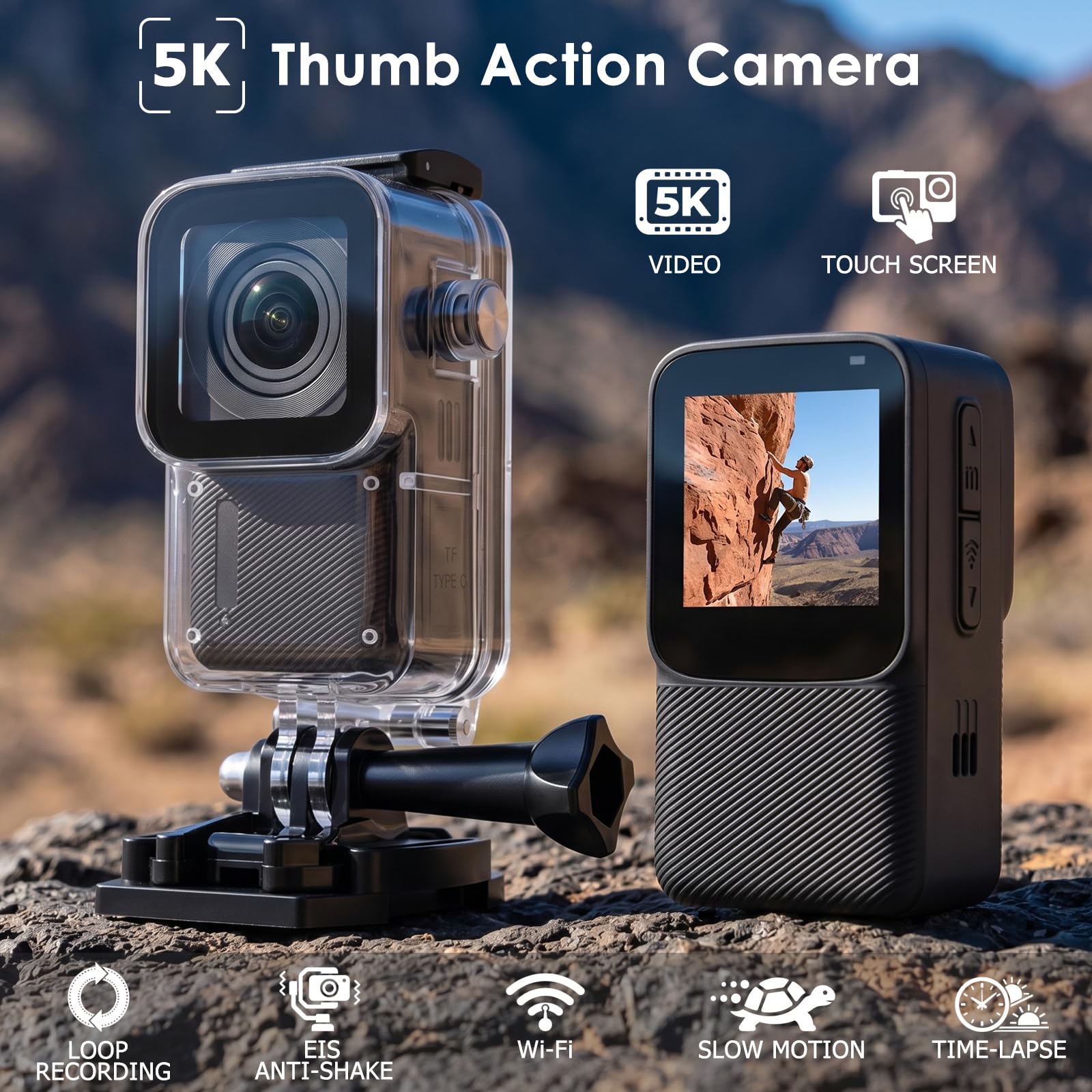 YDI Caméra d'action 5K/30FPS Étanche 30M Écran Tactile 1,3 Pouces 64 Go Kits Accessoires Sportive