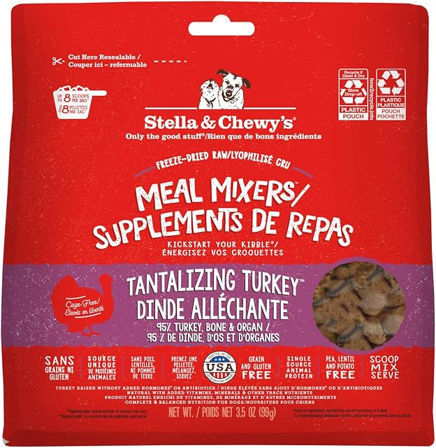 Stella & Chewy’s Freeze Dried Raw Tantalizing Turkey Meal Mixer – Dog Food Topper for Small & Large Breeds – Grain Free, Protein Rich Recipe – 99g Bag
