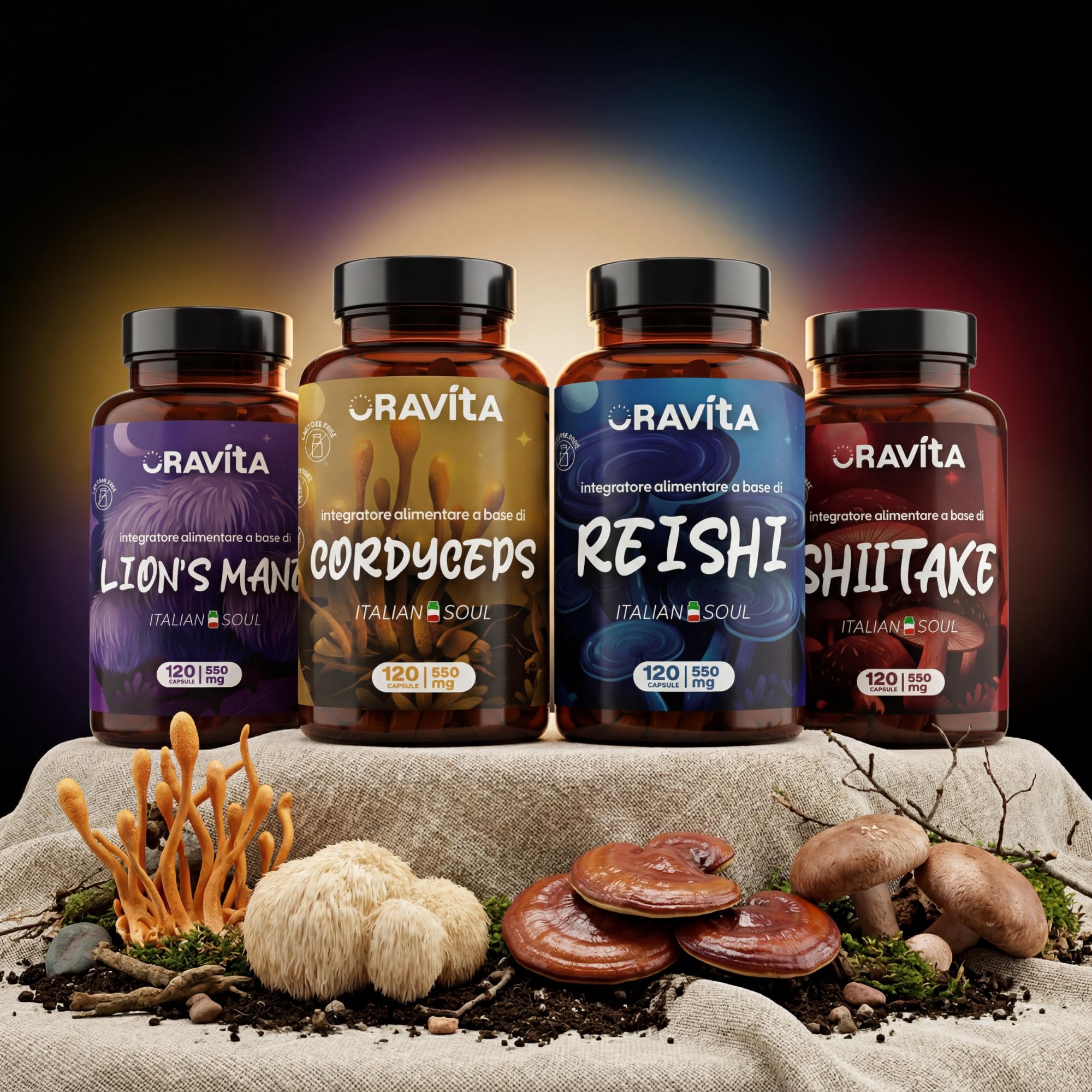 Kit Integratore Funghi Medicinali: Reishi, Lion's Mane, Cordyceps, Shiitake – Cortisolo, Memoria, Energia, Difese Immunitarie e Stanchezza Fisica e Mentale – 4 Flaconi da 120 Capsule Vegetali ORAVITA
