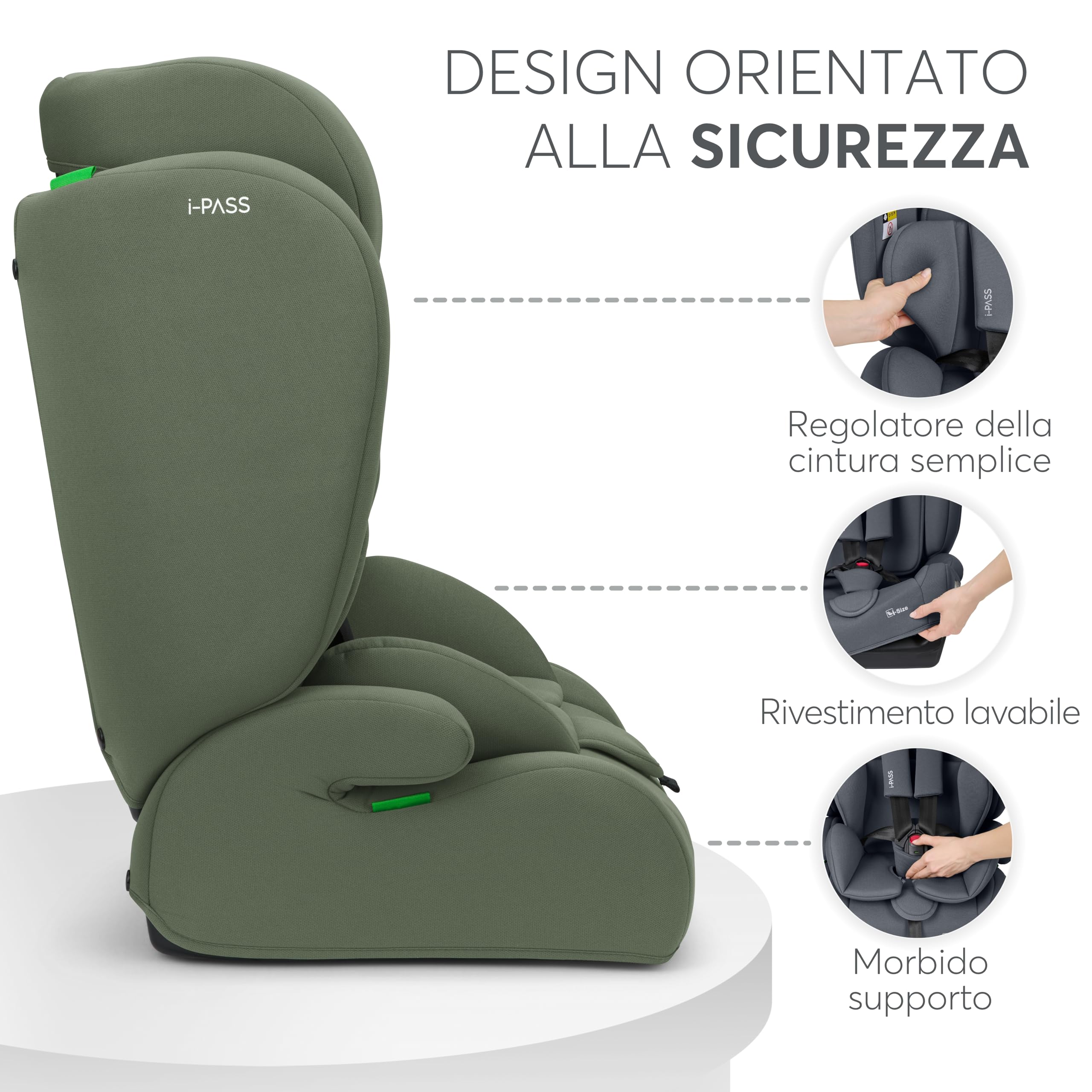 KikkaBoo i-PASS Seggiolino auto 9-36 kg senza ISOFIX, Gruppo 1 2 3 per bambini da 15 mesi a 12 anni, i-Size, altezza 76-150 cm, poggiatesta regolabile a 13 posizioni, Verde militare