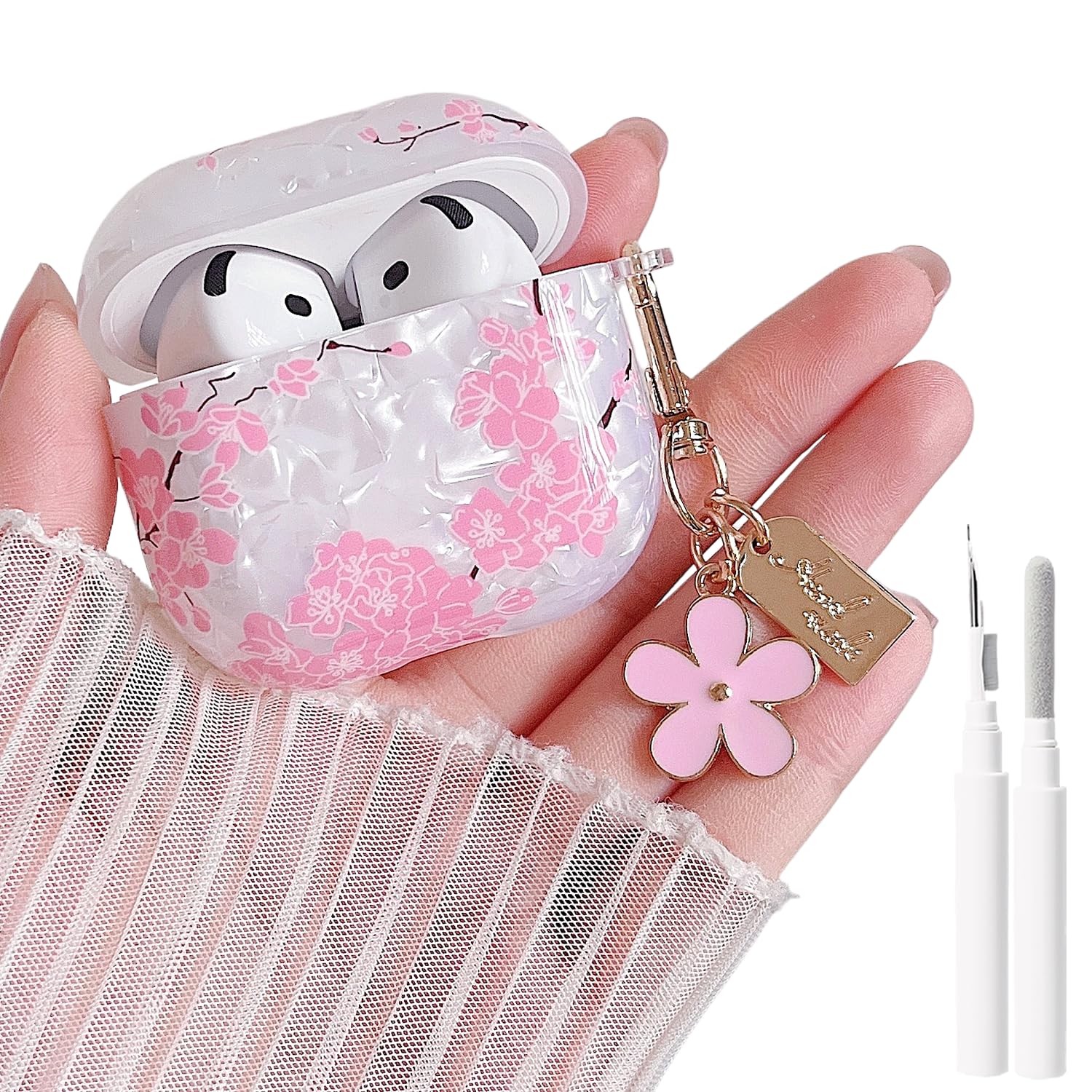 MINSCOSE for Cute Glitter AirPods 4 Clear Case,Cherry Blossom Shell Pattern Aesthetics Design with Trendy Floral Keychain,Soft TPU Protective Cover with Cleaner Kit for AirPods 4-Pink
