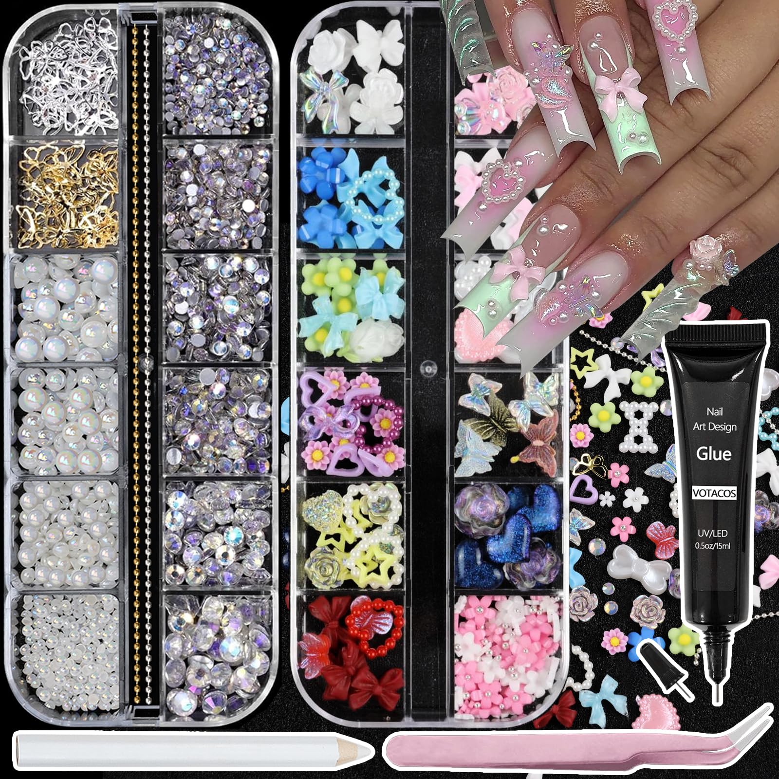 VOTACOS Nail Art Charms Flatback Nail Pearls Rhinestones with Rhinestones Glue Gel Flower Butterfly Nails Gems Supplies Accessories Clear Rhinestone