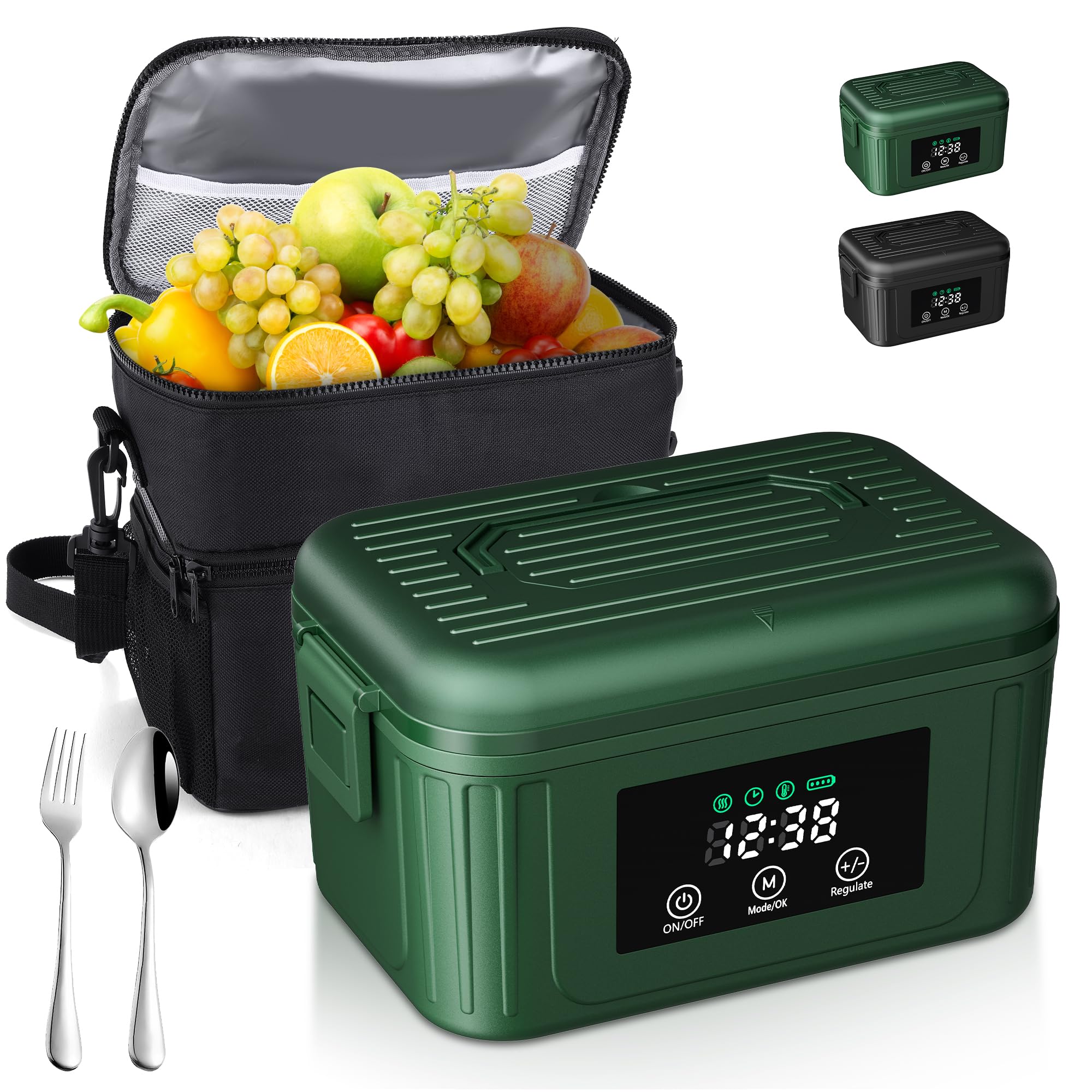Fiambrera Eléctrica Inalámbrica 1,4L para Adultos, Lunch Box Calefactable que Prepara tu Comida a la Hora Deseada con Mantenimiento Automático, Calentador Portátil con Bolsa Isotérmica (Verde)