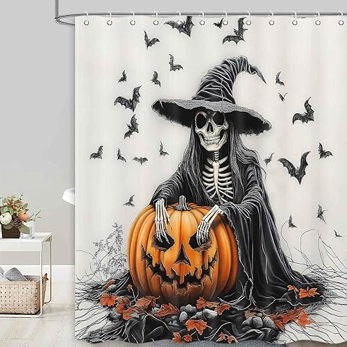 Juego de cortinas de baño vintage de Halloween, diseño de bruja espeluznante, calabaza, calavera, esqueleto, rústico, granja, otoño, decoración de