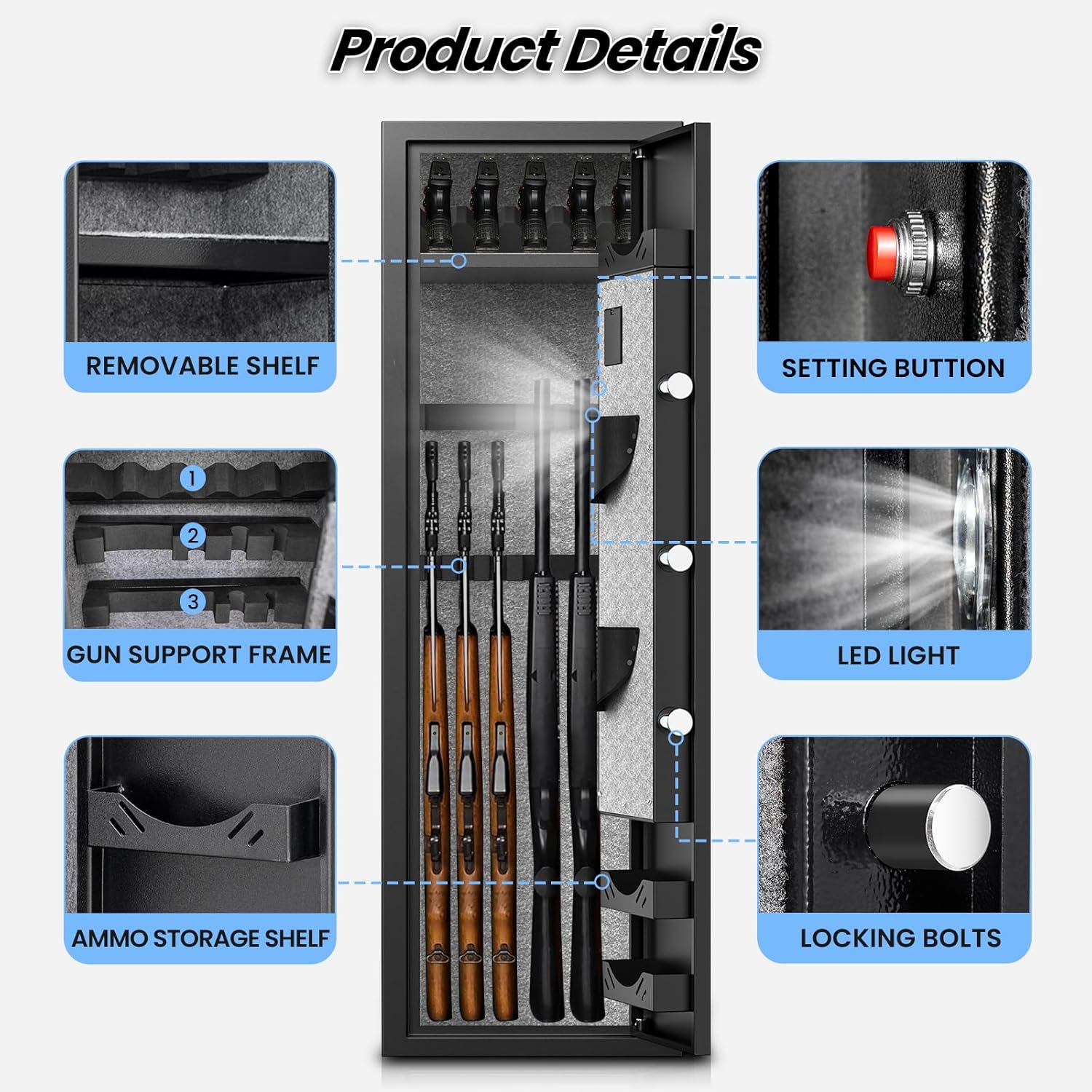 4-5 Rifle Safe, Gun Safe for Home rifles, Rifle Gun Safe with Mute Function, Removable Racks and LED Light, Quick Access Biometric Gun Cabinet, Gun Safe for Rifles, Pistols and Shotguns