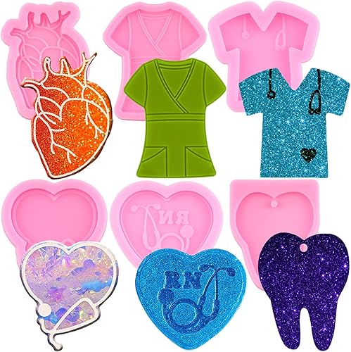 MIYAHOUSE Moldes de resina epoxi, carrete de insignia de médico, moldes de silicona, estetoscopio, resina epoxi, moldes de fundición de corazón,