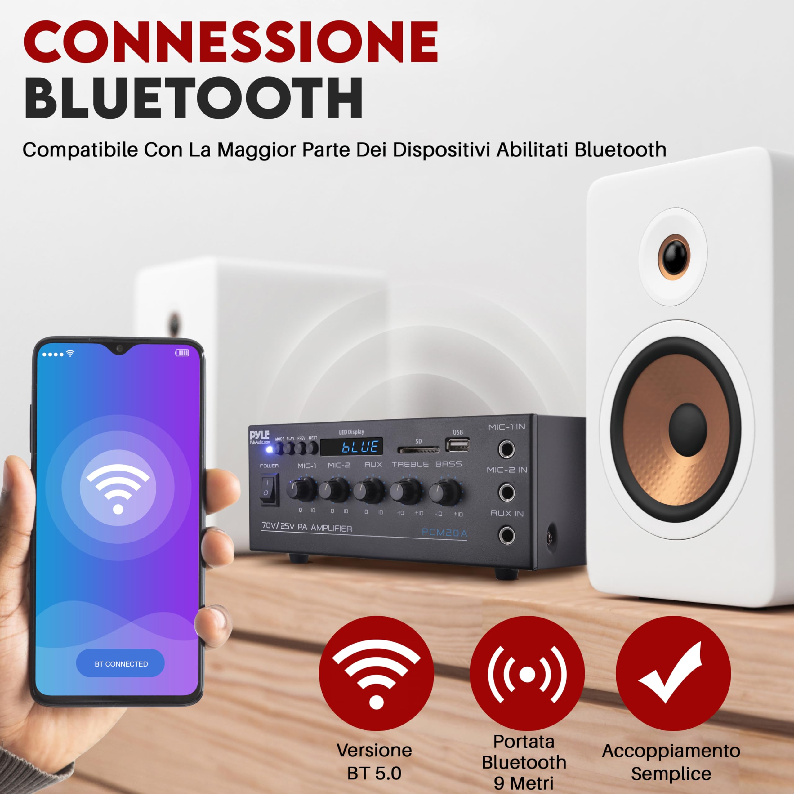 Pyle Amplificatore Audio Stereo Compatto 40 Watt, Ricevitore Audio Mini Smart con AUX, 2 Ingressi Microfono, Compatibile con Altoparlanti da 8 Ohm, 25V/70V, Selettore LED per Uscite Altoparlanti
