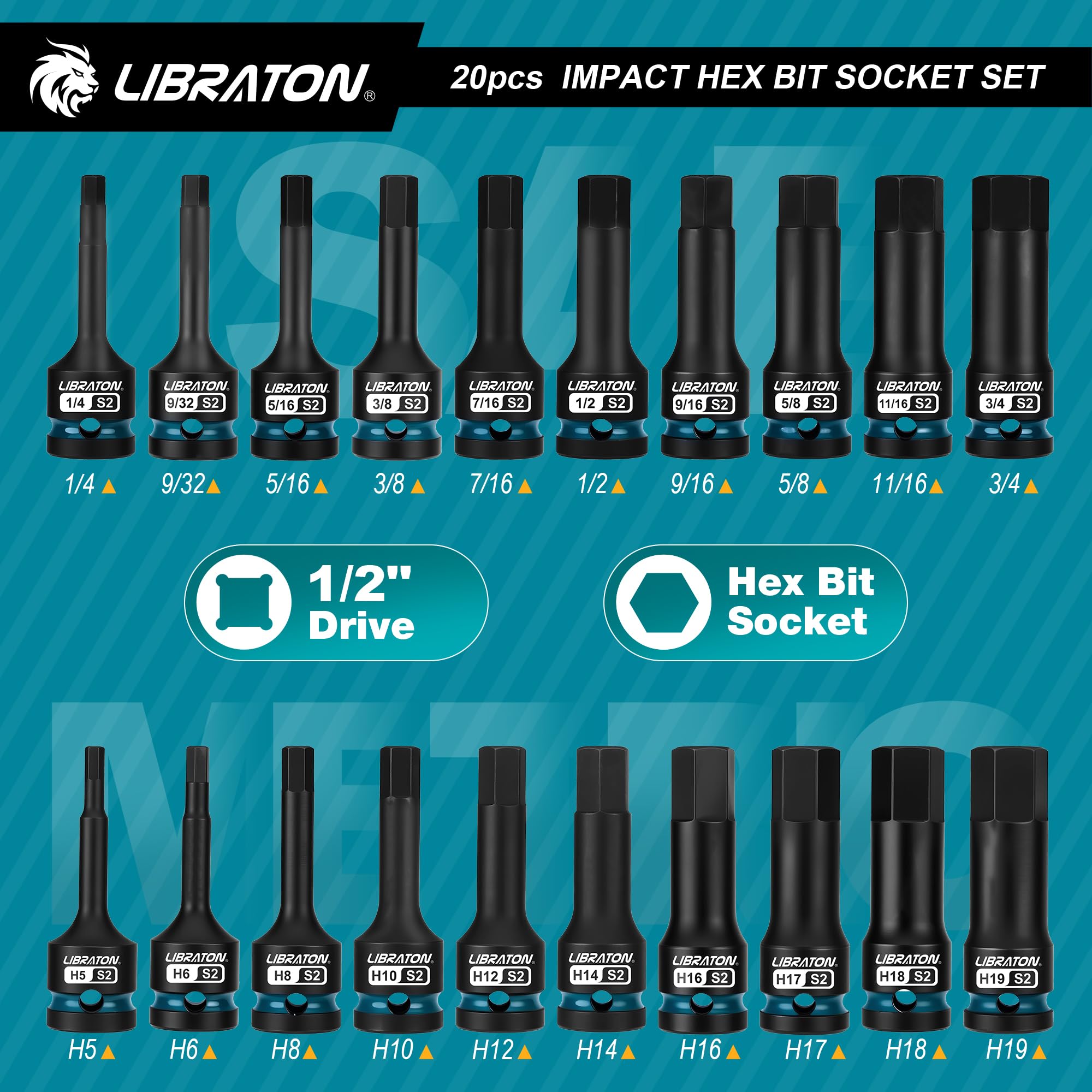 LIBRATON Schlag Hex Bit Steckschlüssel Set, 1/2" Kraft, S2-Stahl, 20-tlg Schlag-Sechskant-Bit-Steckschlüsselsatz, H5-H19, H1/4-H3/4, XPE-Aufbewahrung, Autoreparatur