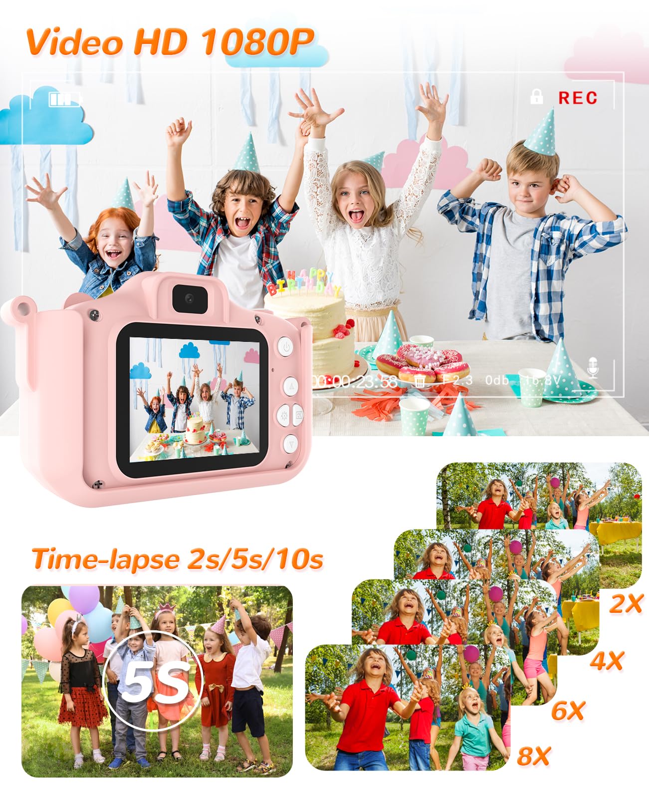 Fotocamera Digitale Bambini 1080P IPS 2.0" 44 Cornici 5 Giochi Educativi Gattino