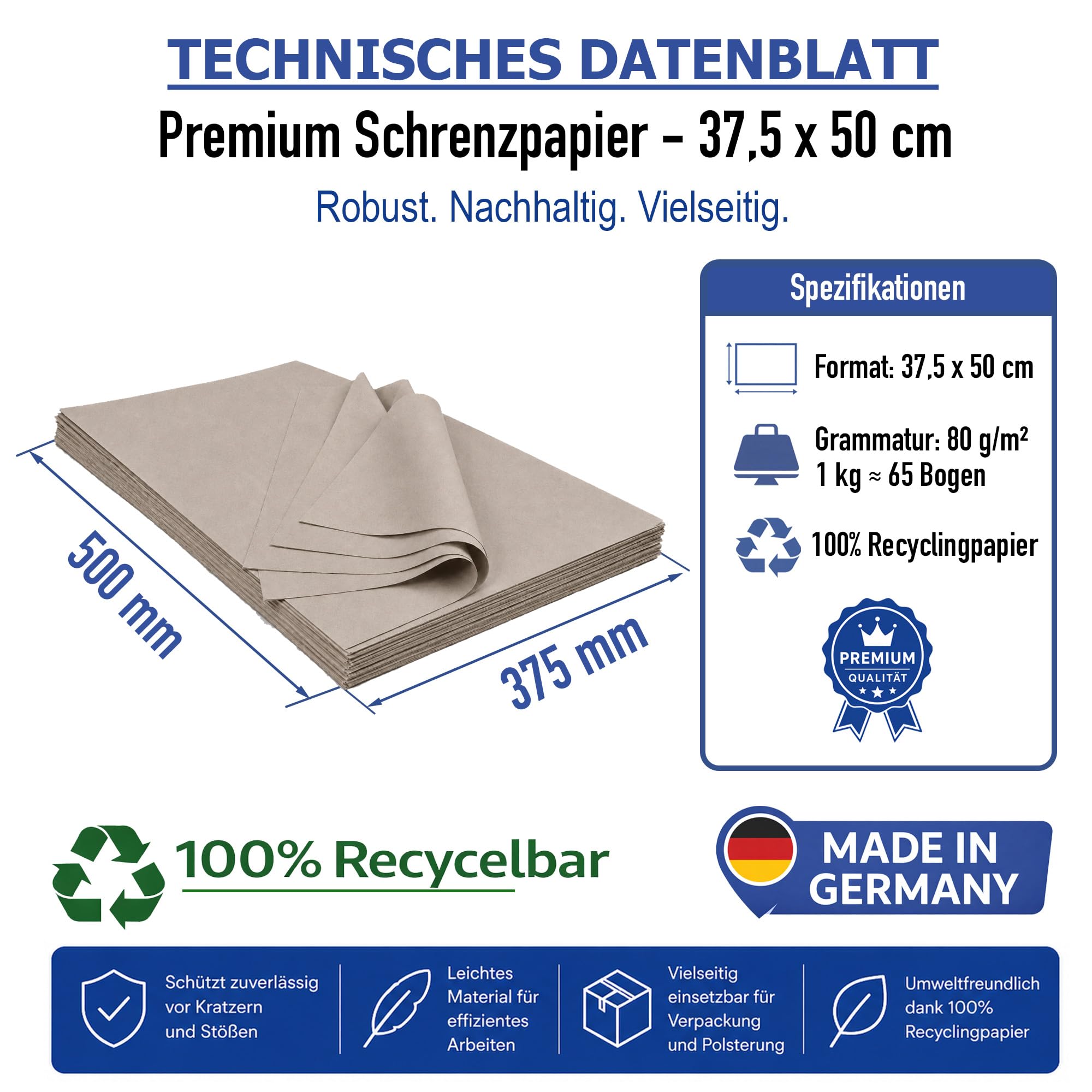 Schrenzpapier Packpapier 37,5 x 50cm 80g/m² 1300 Bogen für Umzug & Versand - Füllmaterial & Verpackungsmaterial - 100% Recycling - 20 kg