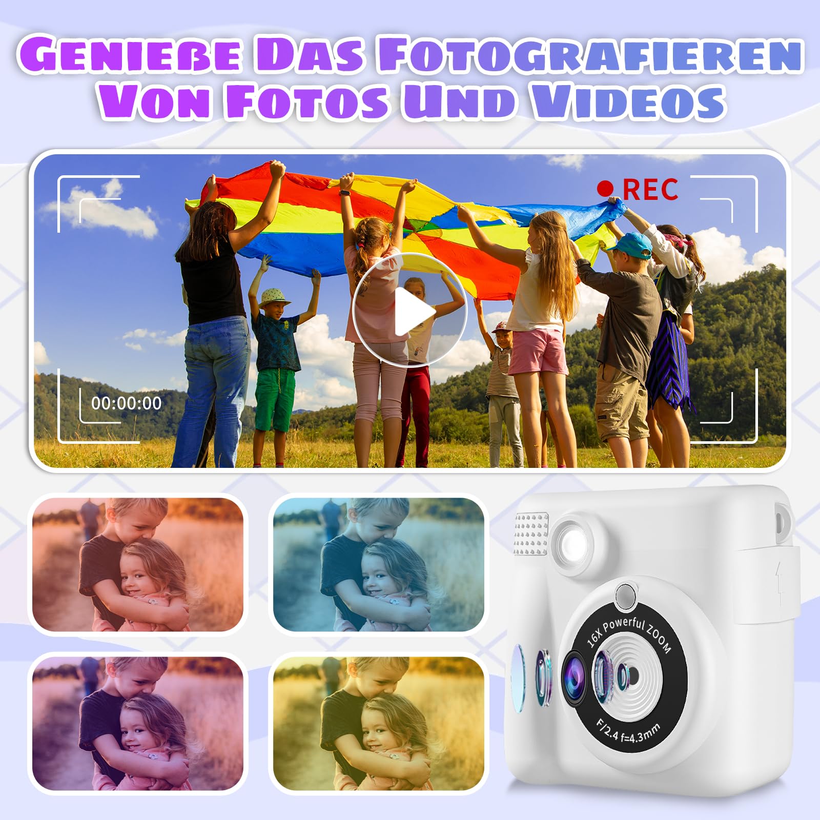 Appareil Photo Instantané Enfants, 1080P HD Appareils Photo Numériques Instantanés, 2.4'' Écran Appareil Photo Enfants avec Papier d'impression & Carte 32GB, Cadeau pour Filles Garçons 3-12 Ans