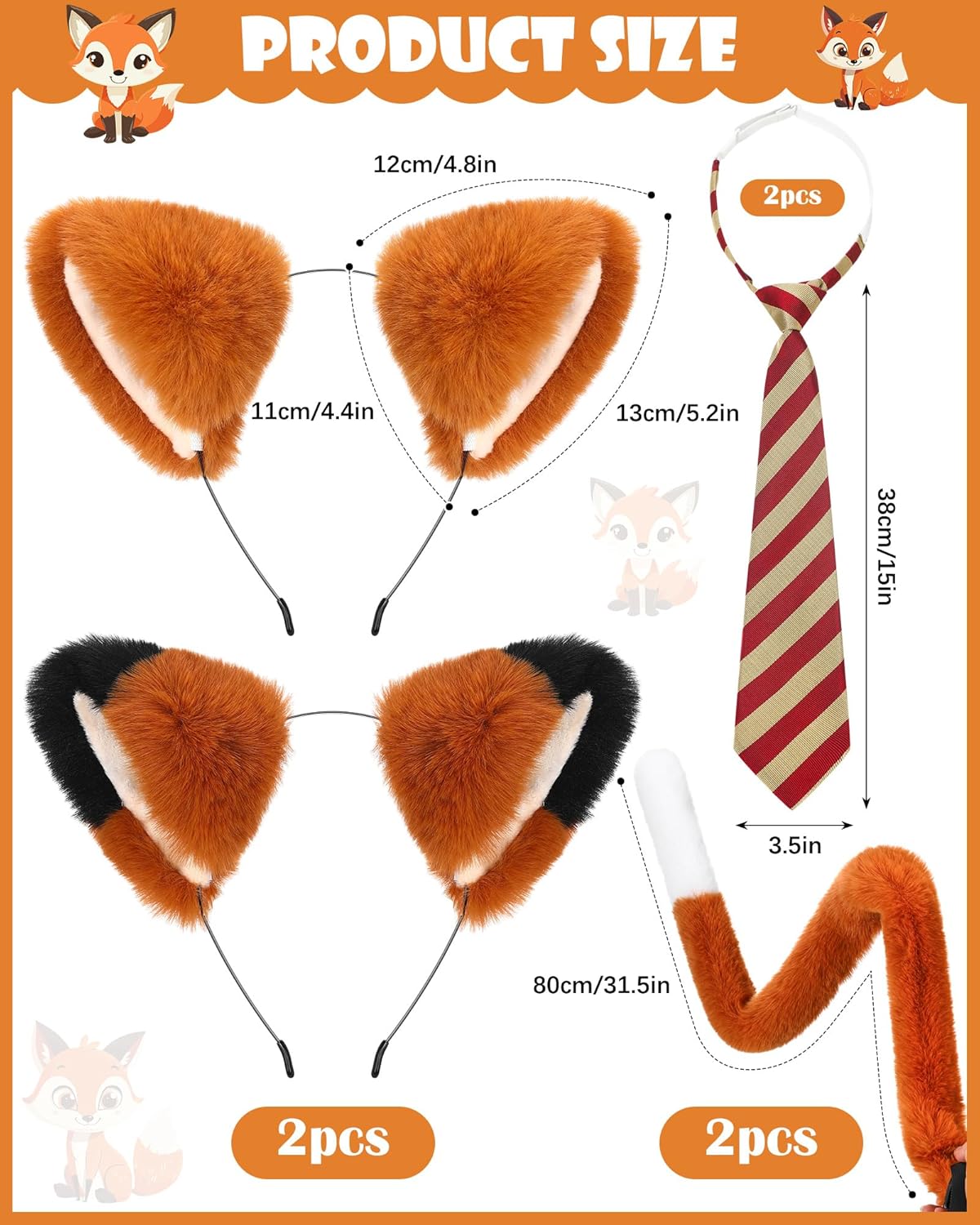 5 Pcs Fantastic Fox Couple Style Halloween Costume Accessories 2 Set Include Fur Fox Ears Headband, Tail and Stripe Tie for Adult Men Women Animal Halloween Cosplay Dress Party