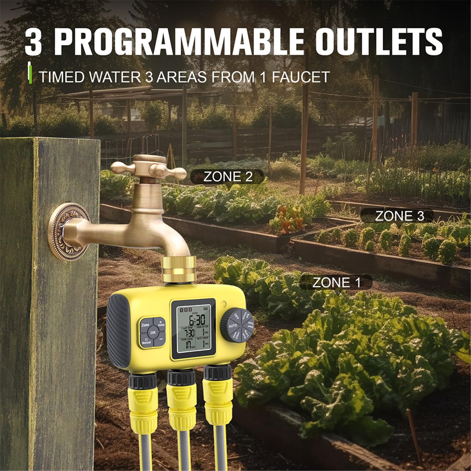 Tubo da giardino con timer per irrigazione a 3 zone, in ottone, per uso domestico e giardino
