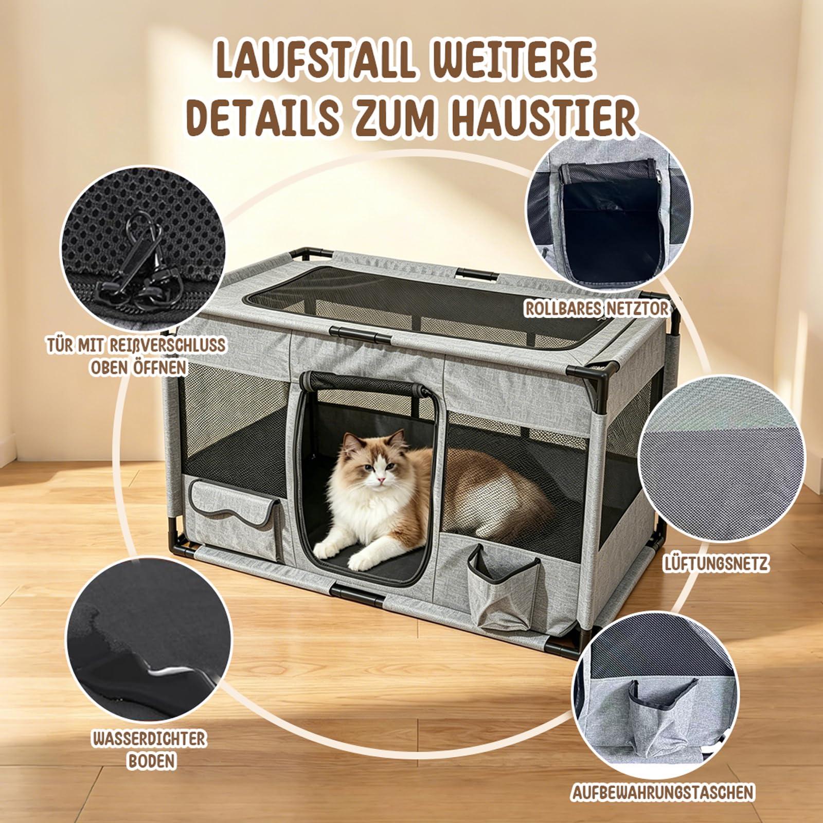 Welpenauslauf Laufstall Hund Welpenlaufstall aus Oxford-Gewebe, Tierauslauf Tierlaufstall PVC-Rohren Hundekäfig Katzengehege Indoor Outdoor für Hunde & Katzen mit atmungsaktives Netz, 100x60x60cm