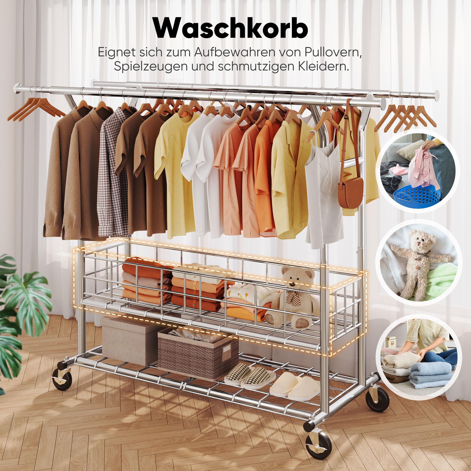 HOKEEPER Schwerlast Kleiderständer auf Rollen, Doppelter Kleiderstange, bis 283 kg belastbar, Industrie-Design, Garderobenständer mit Ablage& Wäschekorb,ausziehbare Länge und Höhe,Chorm