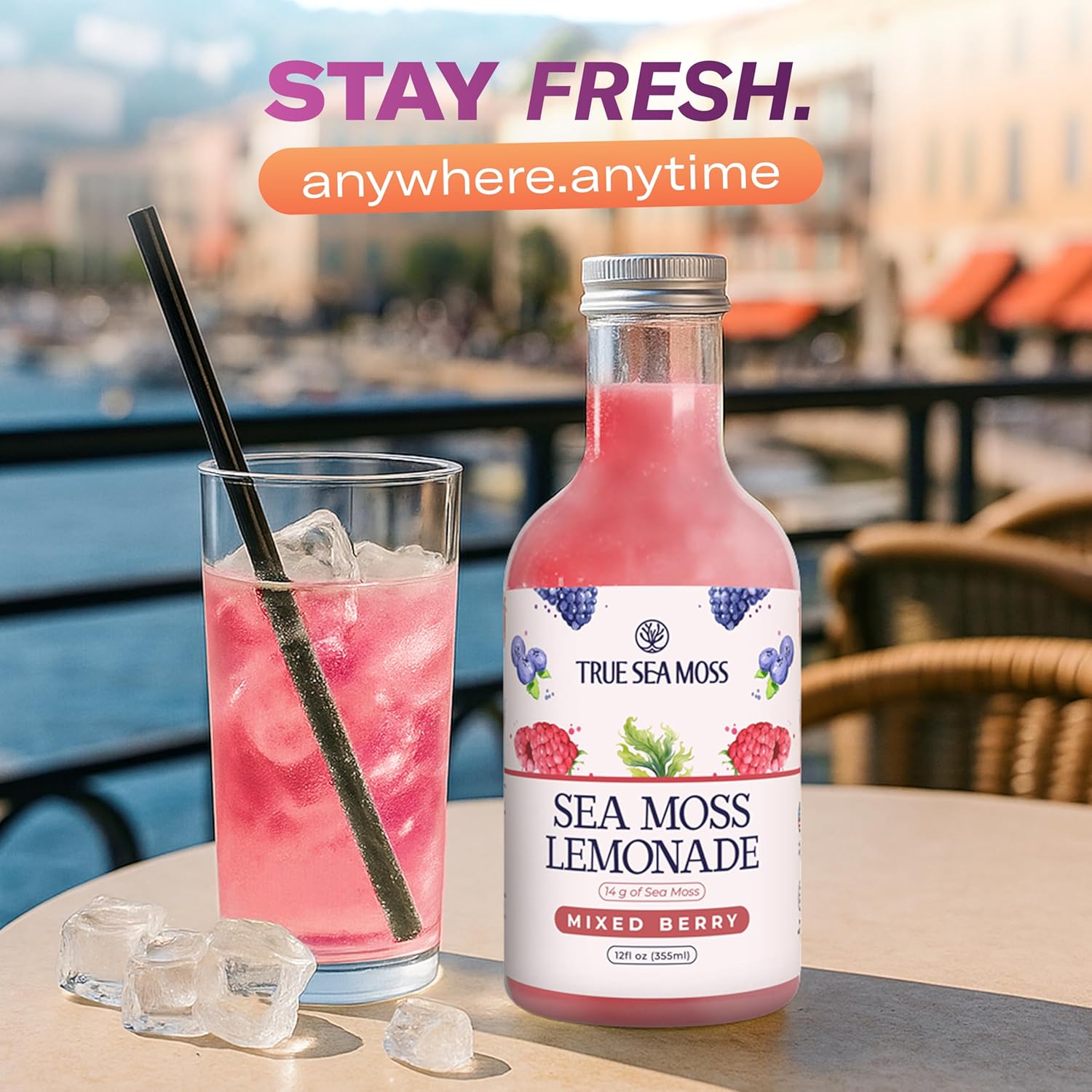 Sea Moss Lemonade Variety Pack – 4 Flavors Sampler: Lemon, Mango with electrolyte, Berry, Pina Colada – Vegan Hydration Drink – 4 x 12 fl oz Bottles – Made in USA