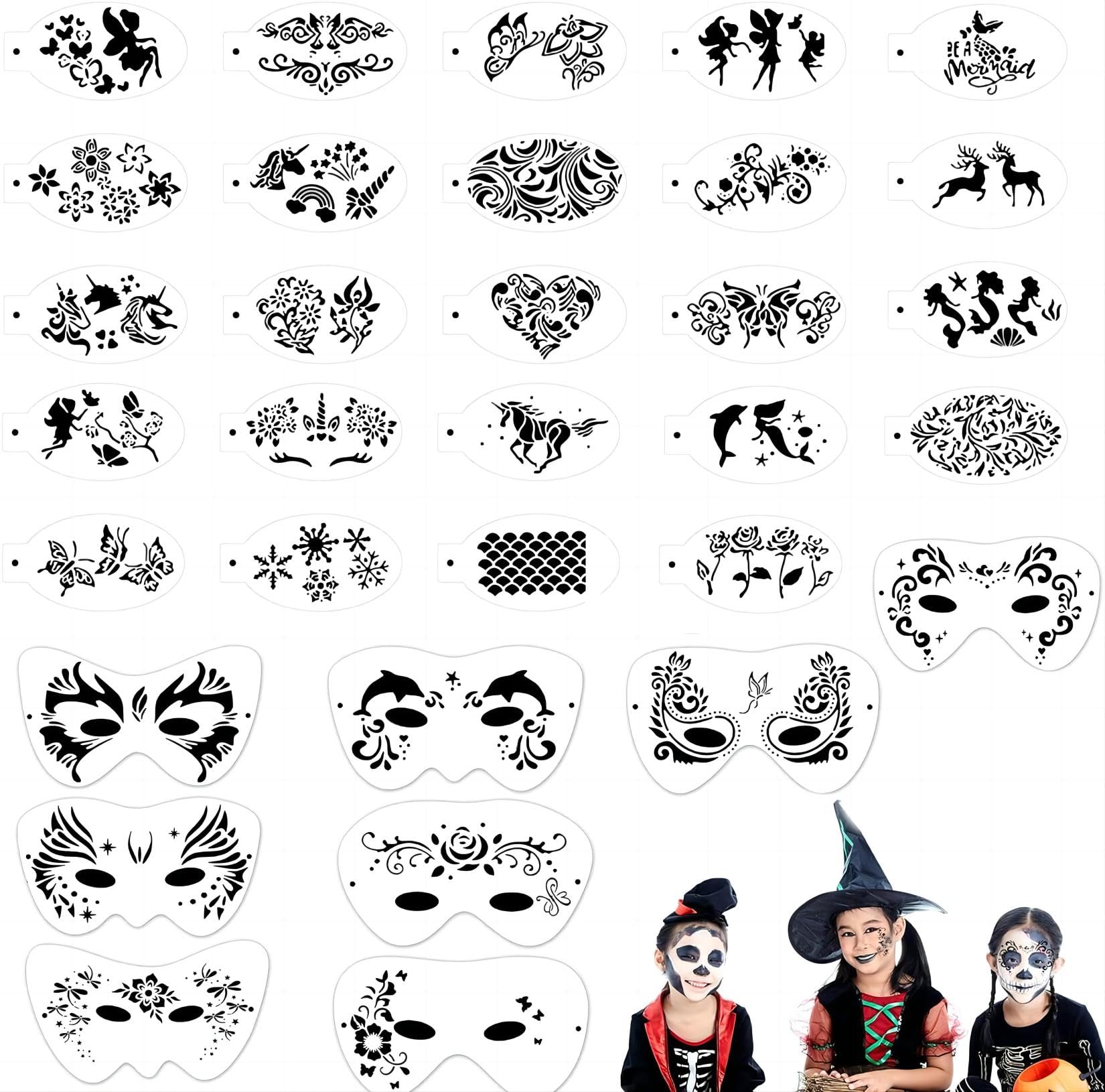 32 Pieces Face Paint Stencils Kit for Kids Adult, Body Painting Template for Party Holiday Halloween Makeup Art Painting, Reusable Soft Tattoo Temporary Stencils for Children