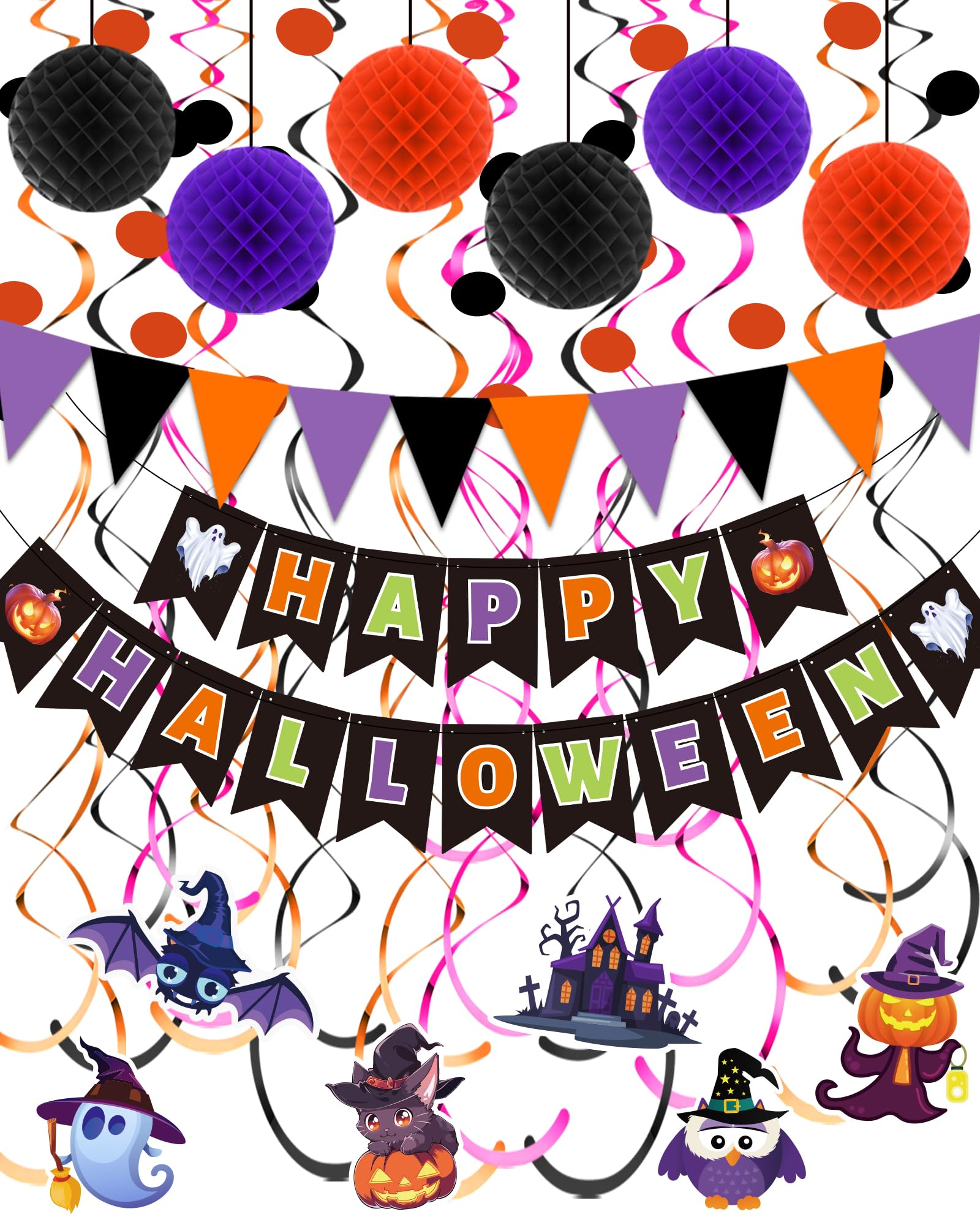 Oomloid Halloween Party Decorations Indoor - Happy Halloween Banner, Hanging Swirl Streamers, Sign Triangle Flag Bunting Party Supplies for Trunk or Treat Decorations