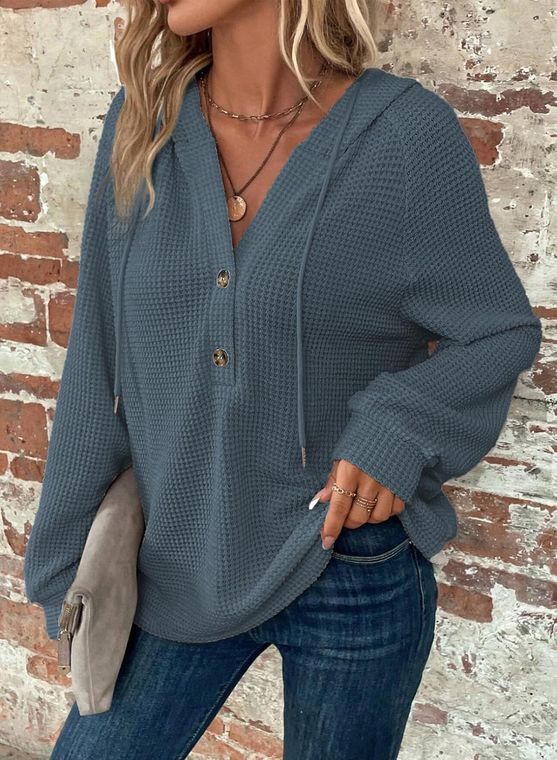 Dokotoo Hoodies for Women Waffle Knit Long Sleeve Drawstring Button V Neck Casual Pullover Sweatshirt Hooded Tops - Image 3