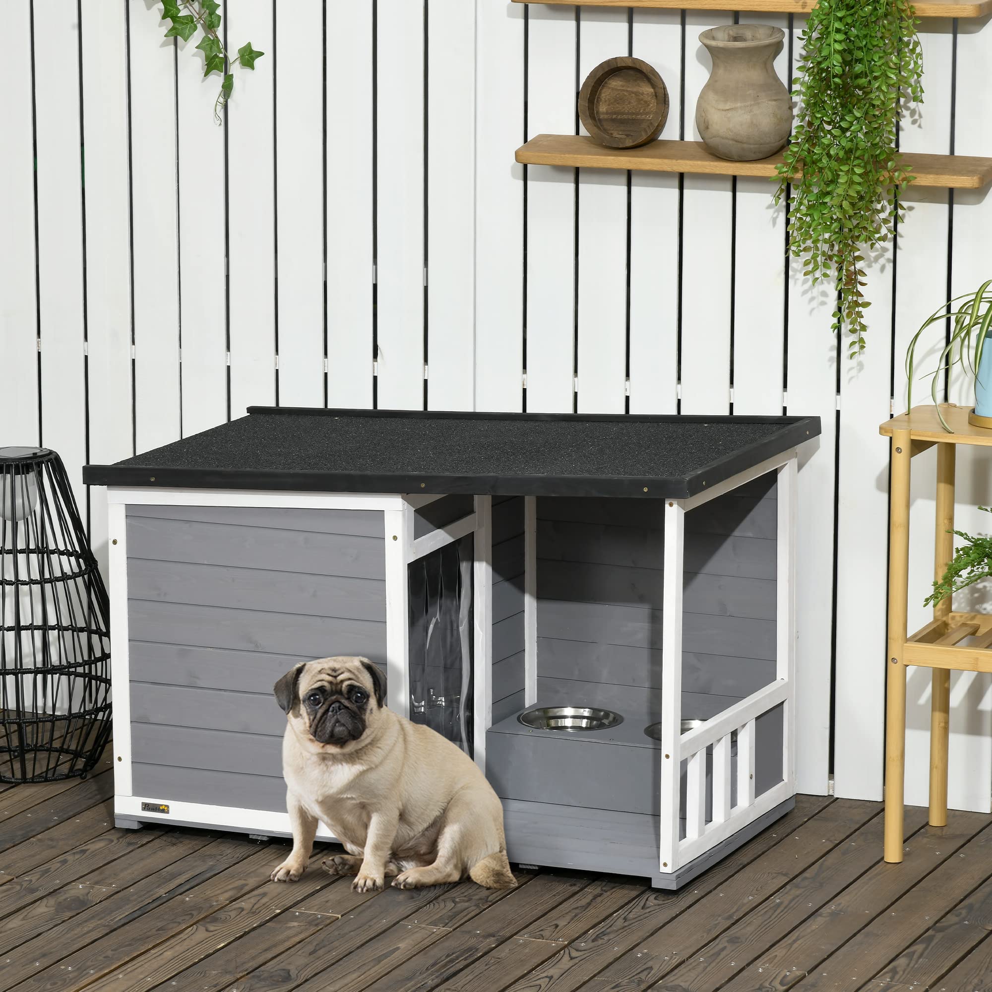 PawHut Hundehütte aus Holz, Hundehaus mit 2 Schüsseln, Terrasse, Outdoor Hundehaus Kleintierhaus für kleine Hunde mit Asphaltdach, für Draußen, Wetterbeständig, Grau, 103 x 62 x 60-66 cm