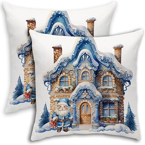 Juego de 2 fundas de almohada navideñas para casa, diseño de Papá Noel, pino y acebo, vintage, de lino azul, ligero, lavable, para silla lumbar,