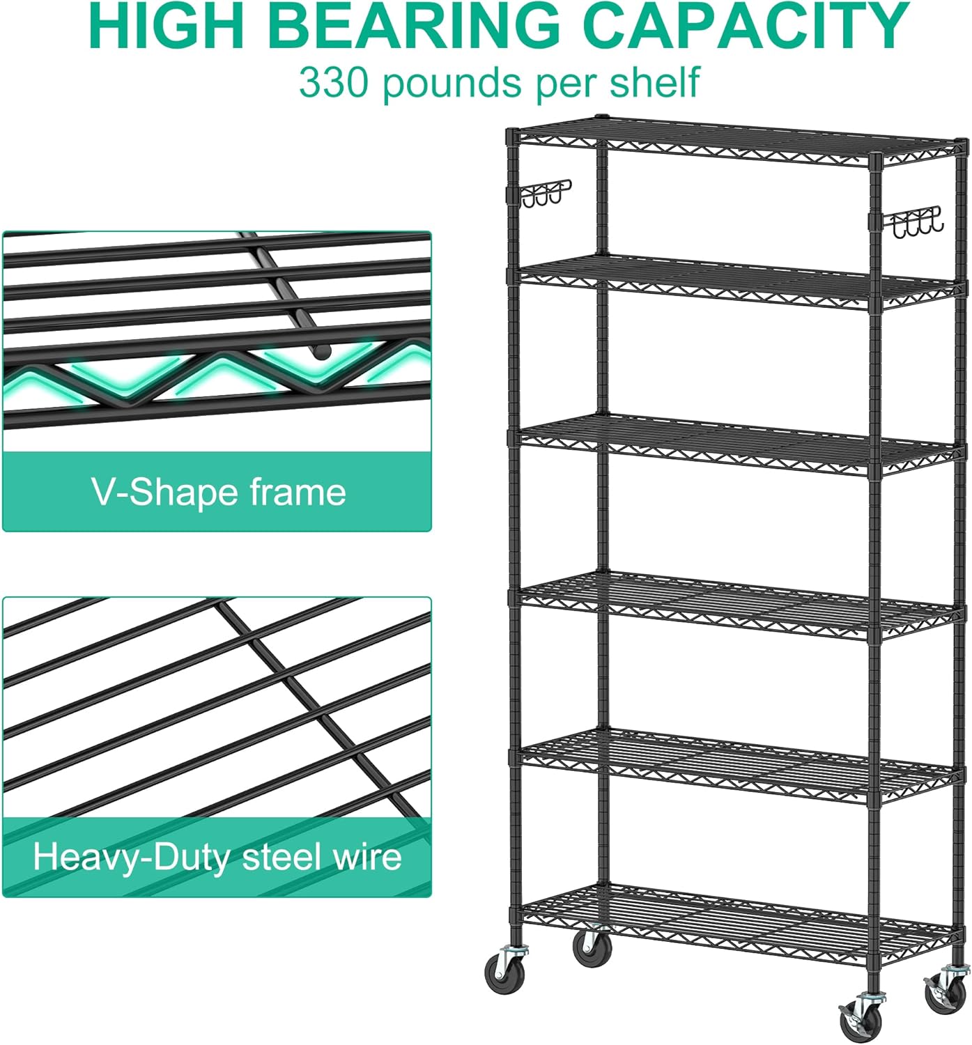 Folews 6-Tier Metal Storage Shelves with Wheels, Extra Storage Shelf