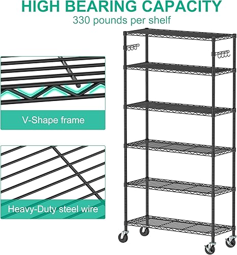 Miniatura 4 de Estantería de alambre de 6 niveles con ruedas, estantes de almacenamiento de metal, estante de utilidad de capa ajustable (14D x 36W x 75H)