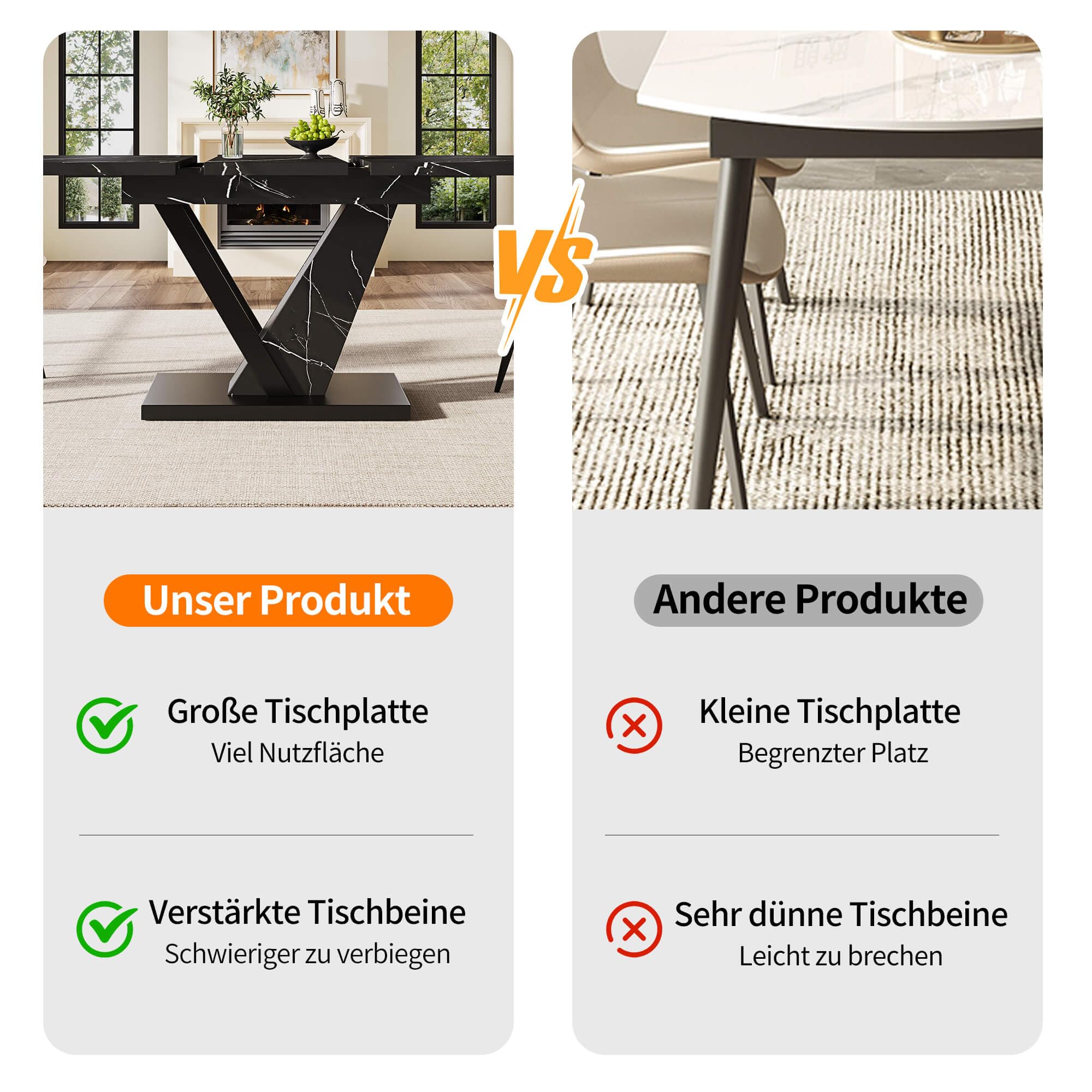 Esstisch Teleskoptisch (120-160 * 75cm), Tisch,mit Hilfe Innenliegender Einlegeplatten auf 120-160cm Ausziehbar, Esstisch mit Schwarzem Marmormuster