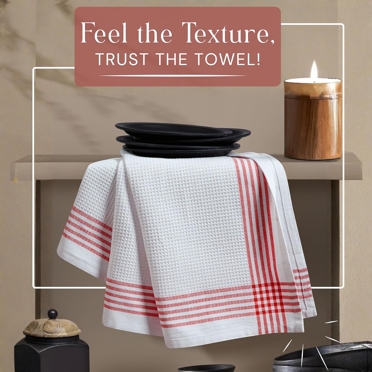 Waffle White & Red Kitchen Dish Towels, Set of 4, 100% Cotton 16x26 inches, Absorbent Tea Towel, Multi-Purpose Hand Cleaning Towel, Strong and Reusable Dish Cloths for Drying Dishes - Image 2