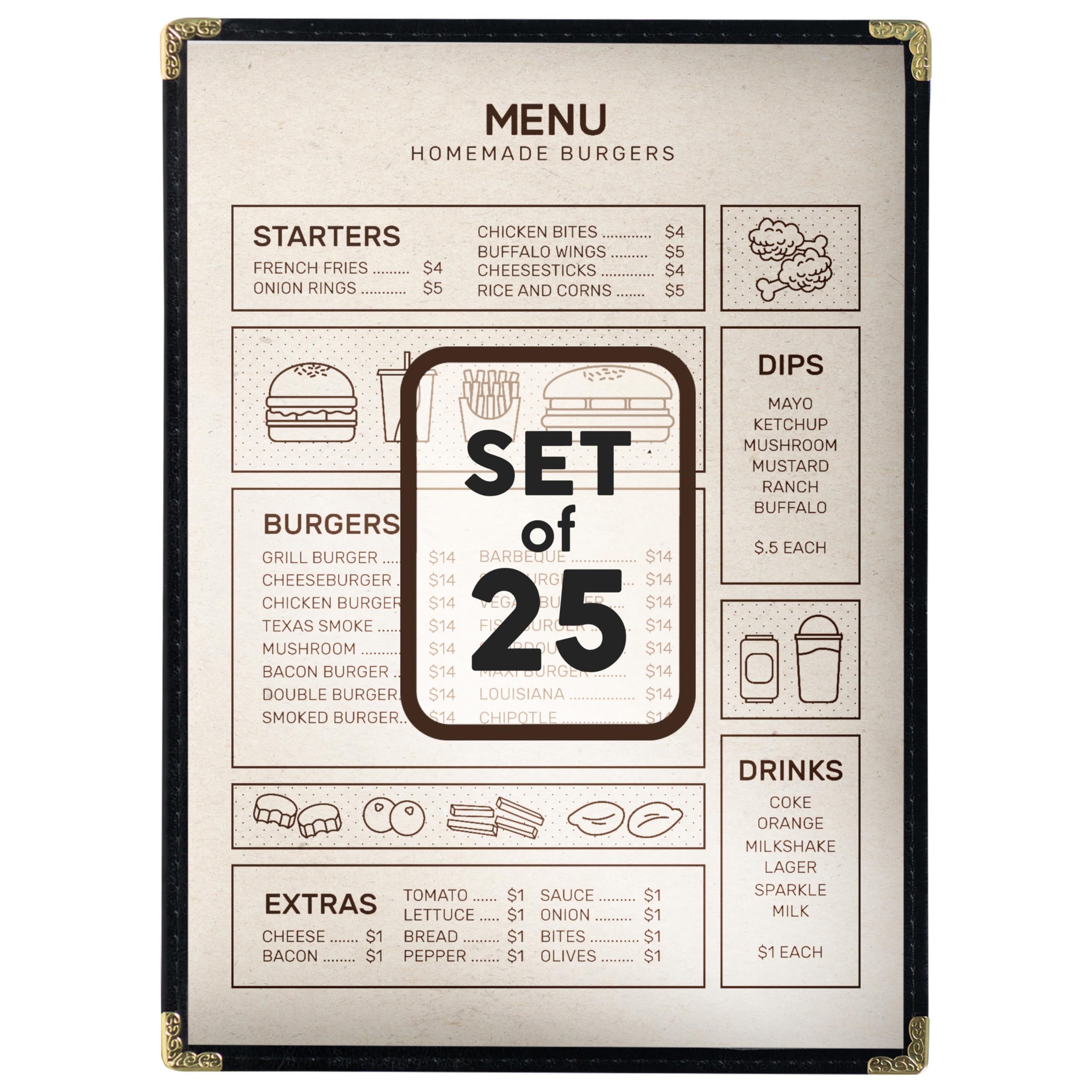 25 Restaurant Menu Covers 8.5'' x 11'', Double Stitched Single Pocket Menu Holder with Golden Corners, Clear Viewing Surfaces