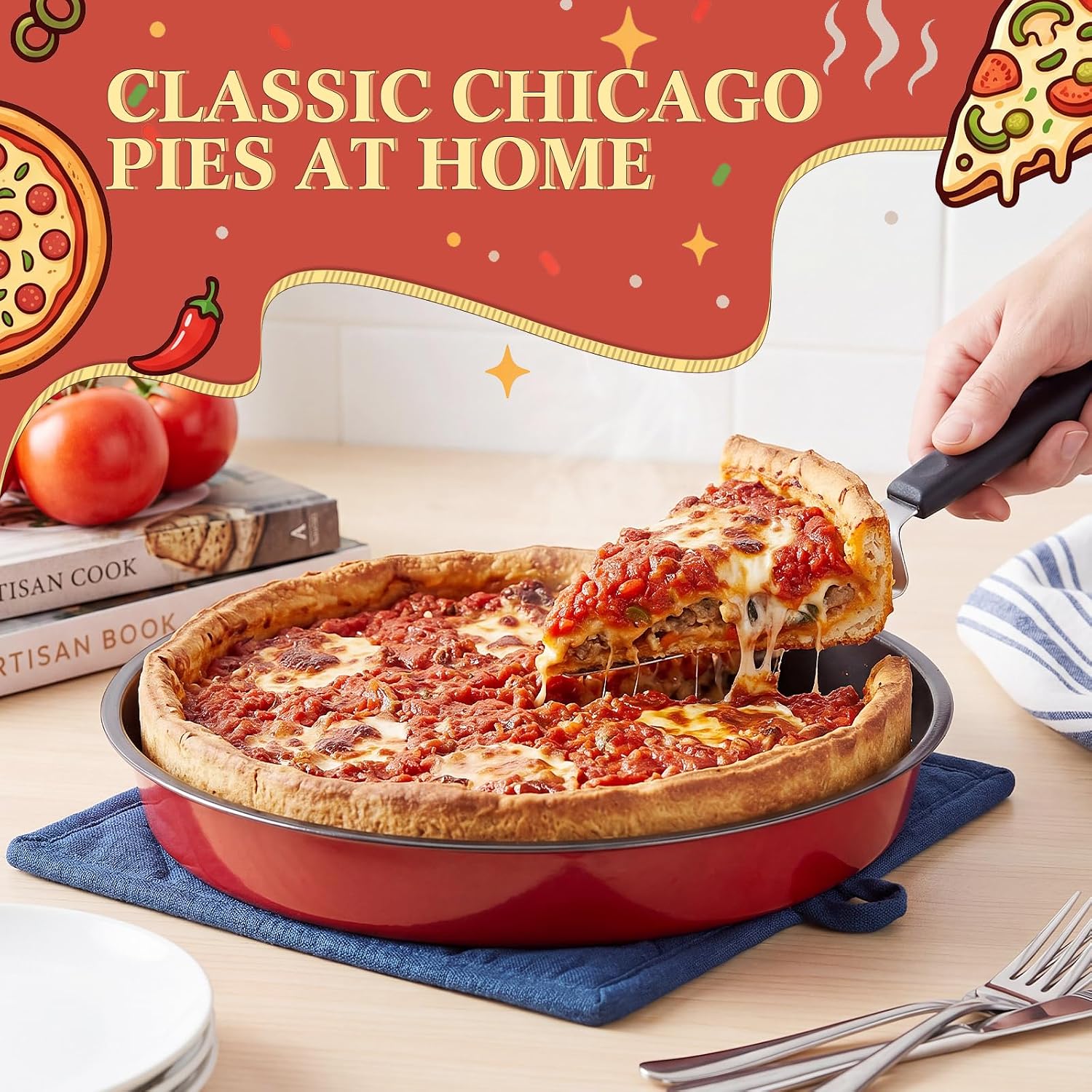 Mifoci 3 Pack Chicago Style Deep Pizza Pan, 10/12 / 14 Inch Nonstick Round Pizza Pan for Oven Carbon Steel Bakeware for Cookie Cakes, Thick Crust Pizzas Oven Safe Trays