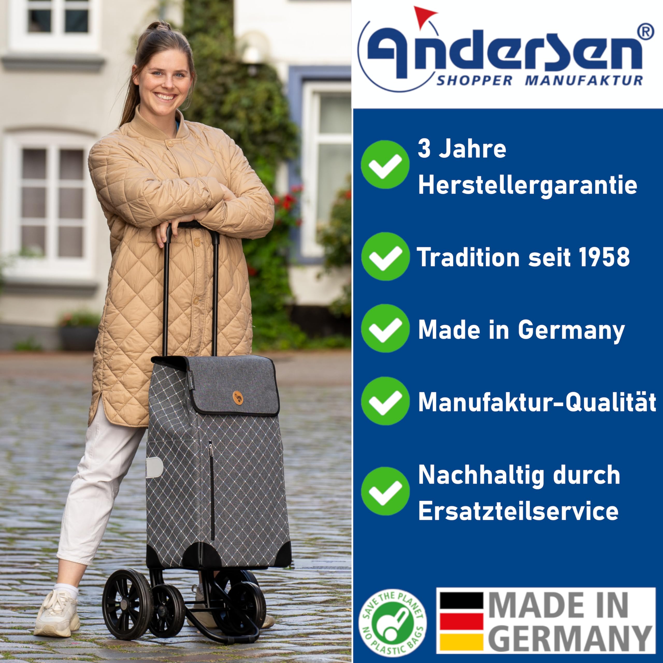 Andersen Einkaufstrolley - klappbar - 61 Liter - 4 Räder - mit Kühlfach | höhenverstellbar - belastbar 50 kg - Stahlgestell - Trolley - Quattro Shopper Folke schwarz