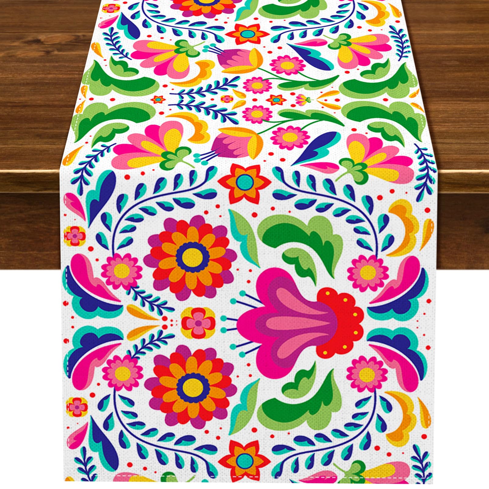 Nepnuser Mexican Cinco De Mayo Table Runner for Fiesta Dia De Los Muertos Rustic Linen Home Dining Room Kitchen Table Decorations (13" x 72", White)