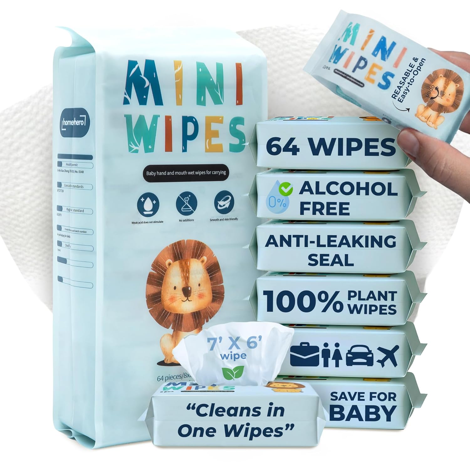 Travel Baby Wipes - 100% Plant-Based Bamboo, Safe for babies & Sensitive Skin, Alcohol & Fragrance Free, Hypoallergenic, Travel Wet Wipes, Resealable, Leak-proof design, 64 Wipes (Sky Lion)
