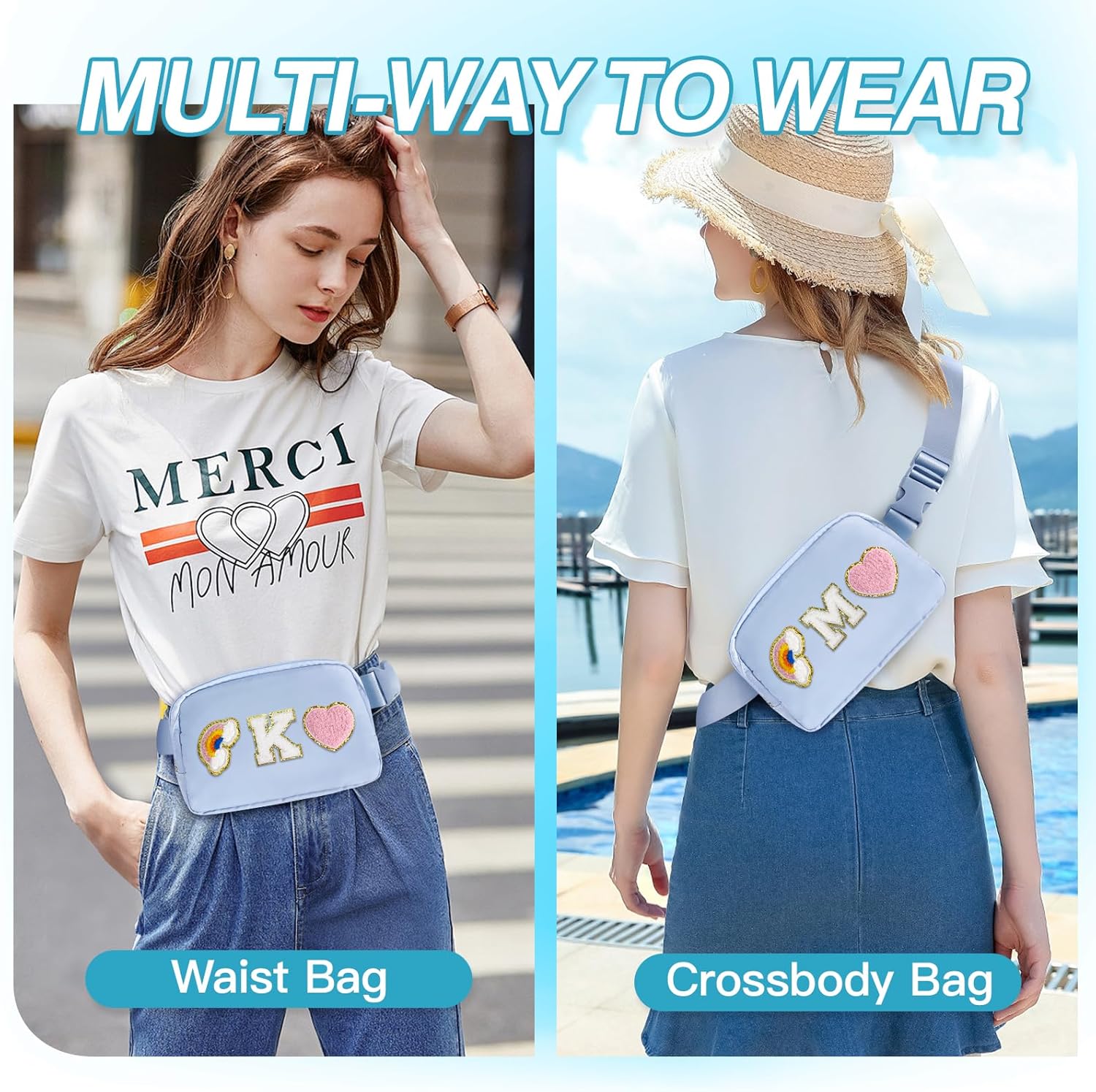 Personalized Belt Bag with Keychain, Fanny Pack for Girls Women, Initial Birthday Gifts for Teen Girls Mom, Crossbody Bag, Small Waist Packs, Travel Essential Preppy Gifts (Blue L) - Image 6