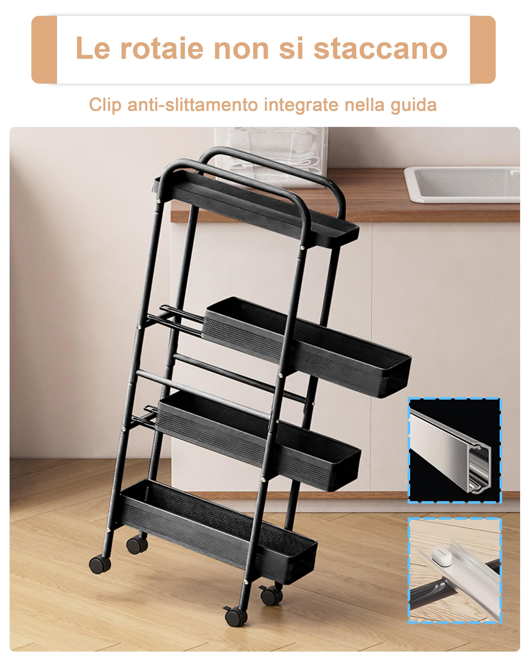 UMDONX Carrello Cucina con Ruote Stretto con Cassetti Estraibili,Nero | Carrello Cucina Salvaspazio Portaoggetti a 4 Livelli in Metallo,Carrello di Servizio Sottile con Ruote per Cucina Bagno