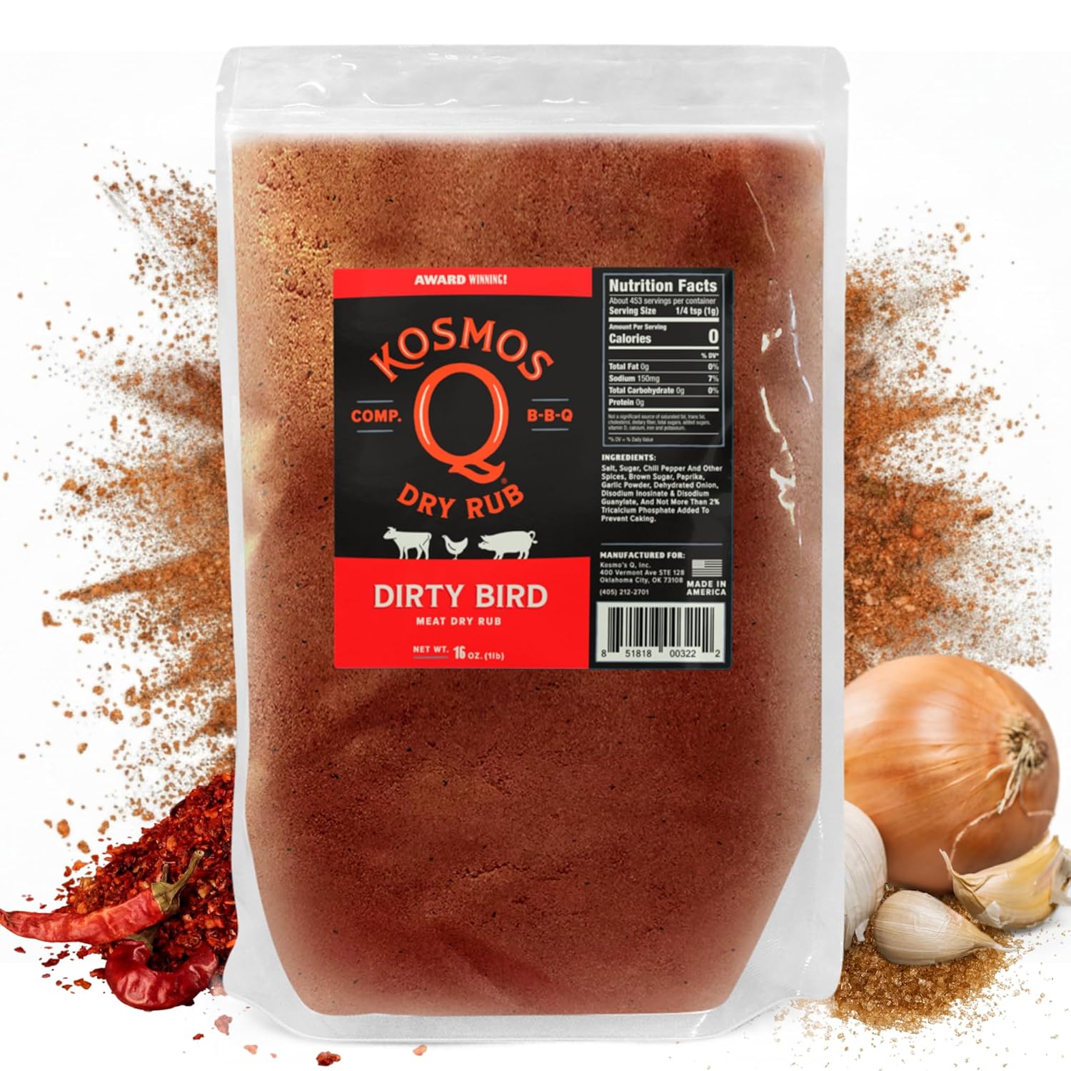 Kosmos Q Dirty Bird BBQ Dry Rub, Sweet and Spicy Seasoning with Brown Sugar, Red Pepper, Garlic & Paprika For Chicken, Chicken Wings, Turkey, Ribs, Pork, Dry Rub For Smoking & Grilling Meat, 16 Oz Bag