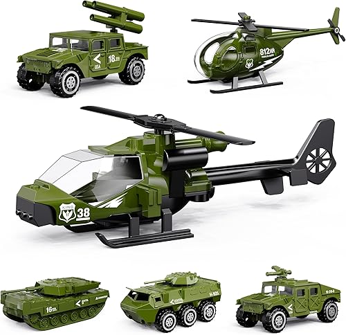 Miniatura 1 de Shellvcase Vehículos militares fundidos paquete de 6 juguetes del ejército varios modelos de aleación de metal carro helicóptero Panzer juegos de