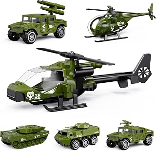 Diecast Military Vehicles, 6 Pack Army Toys Assorted Alloy Metal Model Cars Tank,Helicopter,Panzer,Anti-Air Vehicle Playsets Gift for Boys Kids Age 6 7 8 9 10