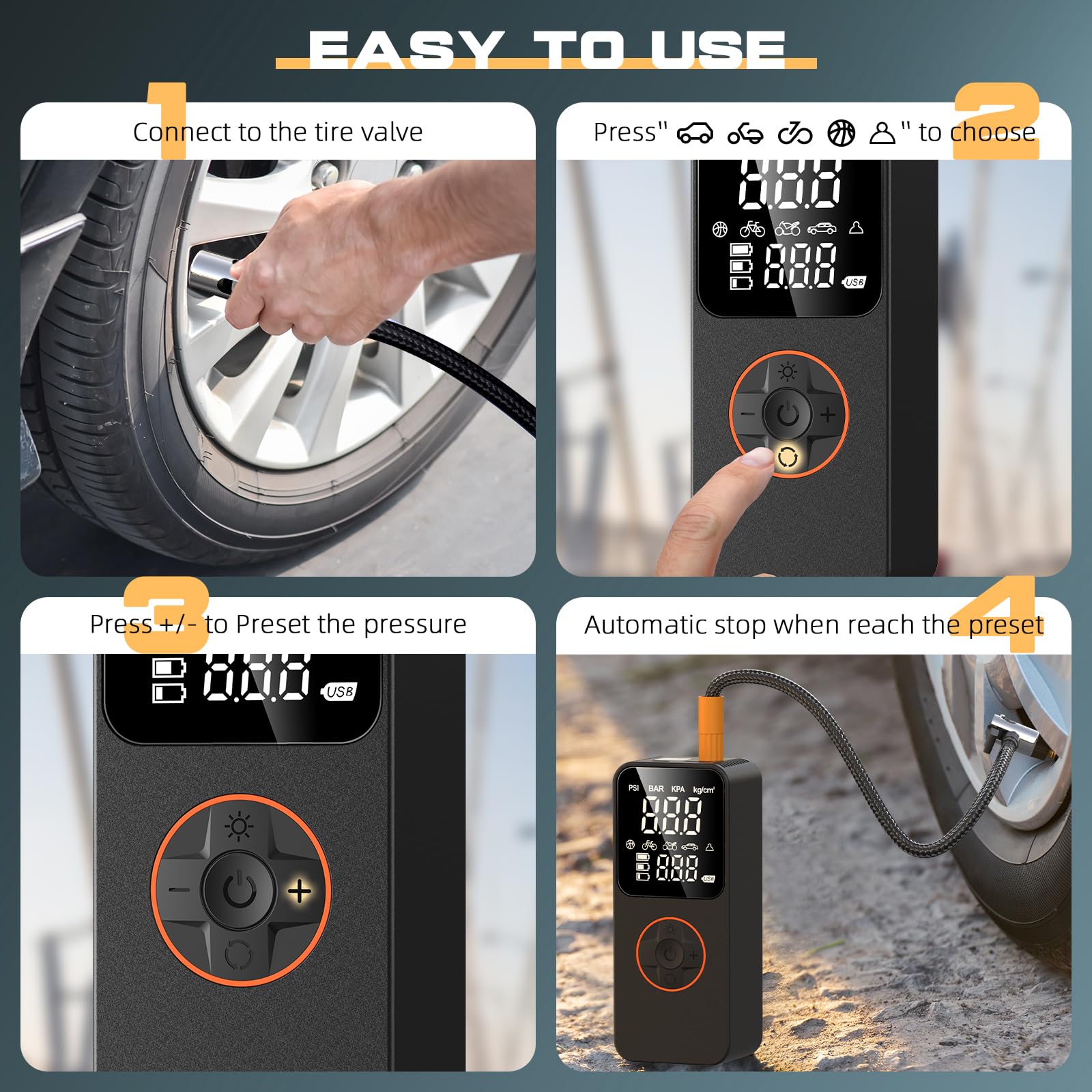 Gonfleur Pneus Voiture Électrique Sans Fil Mini Compresseur à Air Portatif 150 PSI avec Arrêt Auto & LED, Inflation Rapide, Batterie 6000mAh, Charge USB-C, pour Voiture/Moto/Vélo/Ballon, Noir