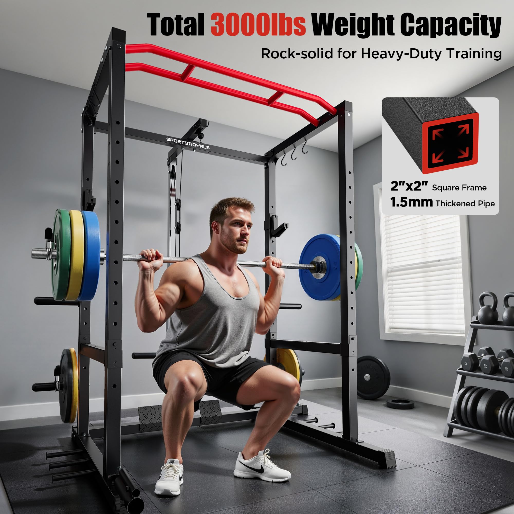 Sportsroyals Power Cage - Estante de potencia de 1600 libras con cable ajustable cruzado, estante multifunción para sentadillas con sistema de polea y accesorios de entrenamiento para gimnasio en casa
