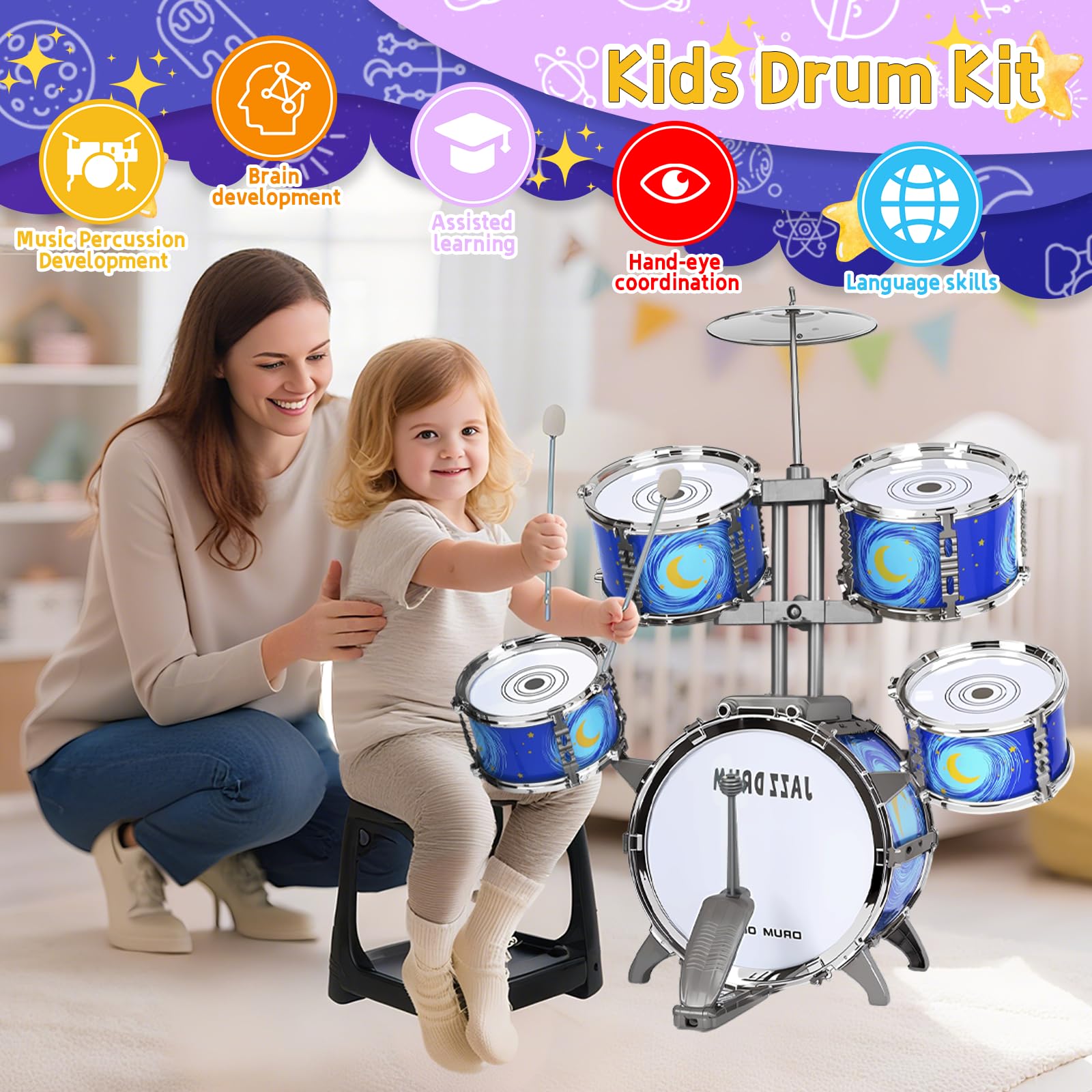Batería Niños con Taburete - Infantil Musical Juguete Jazz Tambores Kit de 3 4 5 6 7 Niños Niñas, Cumpleaños Navidad Regalos, Azul